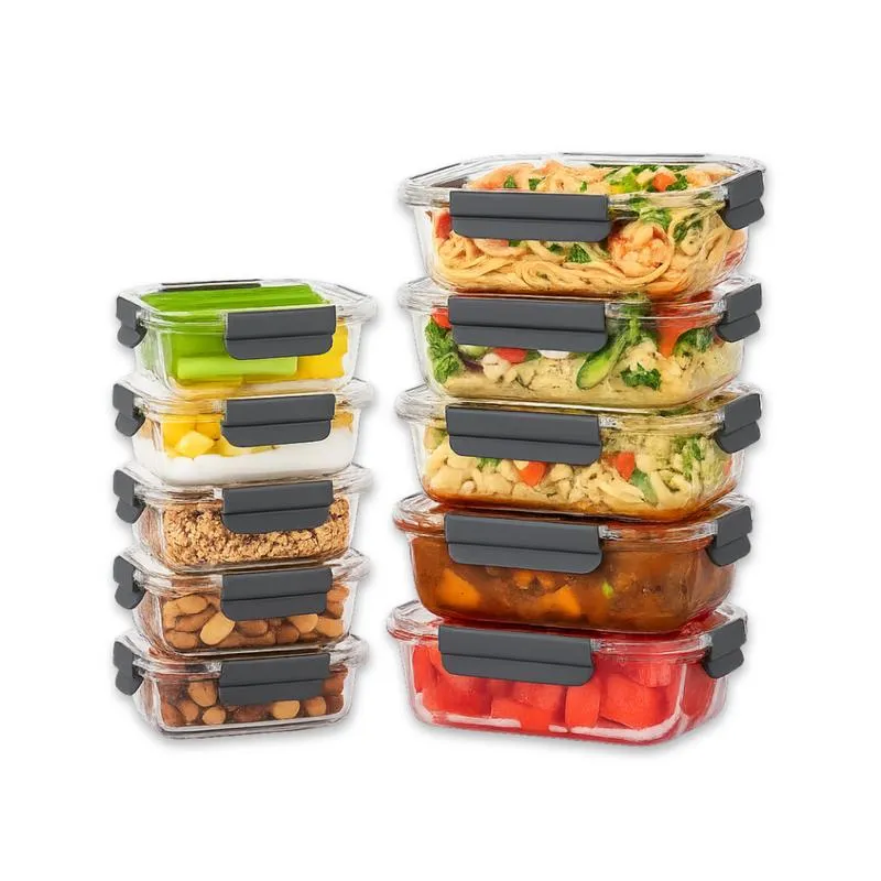 Glass Meal Prep Containers with Airtight Lids – Set of 10 – Reusable Glass Food Storage Containers with Lids – Leakproof, Freezer, Oven, Microwave & Dishwasher Safe