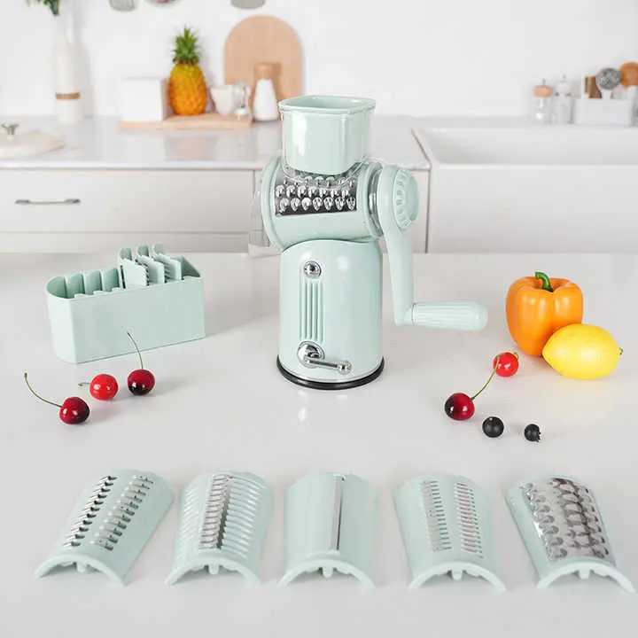 Rotary Cheese Grater with Handle - Vegetable Shredder with 5 Blades, Strong Suction Base, Round Mandoline Slicer & Blade Storage Box Kitchen Steel Stainless Utensils Curve Smooth