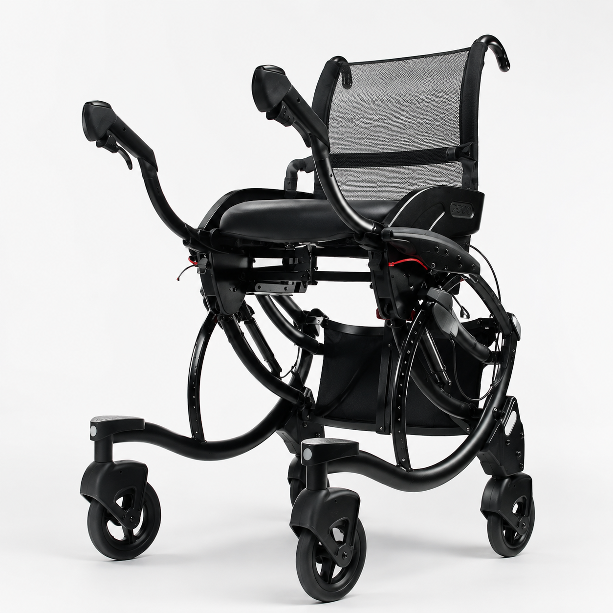 Black mobility assist rolling chair with seat, backrest, wheels, and support handles