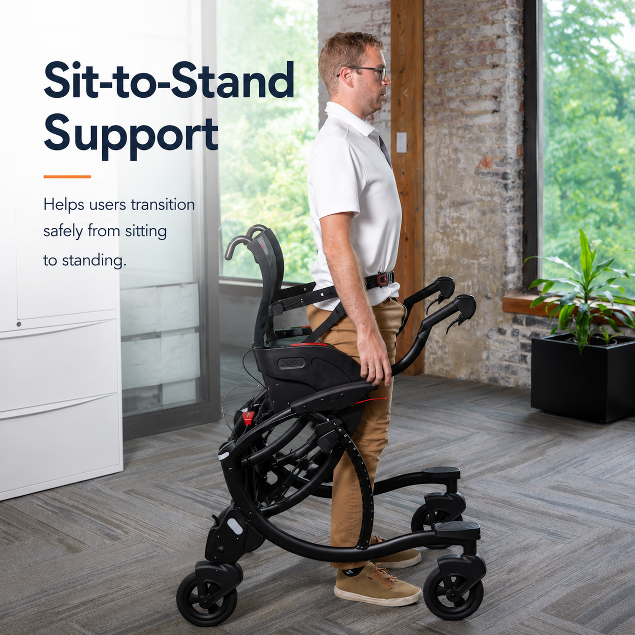 User standing with sit-to-stand mobility support device