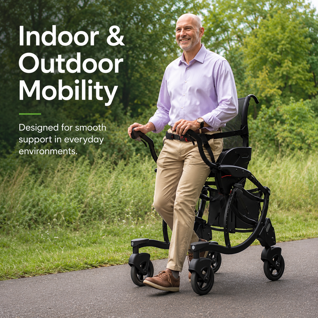 User leaning forward on mobility support device