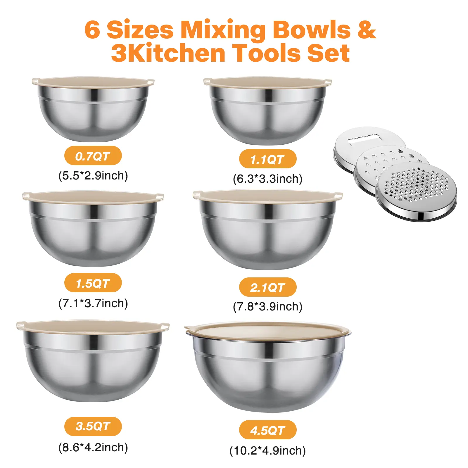 Mixing Bowl Set, 6 PCS Stainless Steel Mixing Bowls with 3 Grinder Attachments, Kitchen Food Organizer Nesting Mixing Bowls Tableware Durable