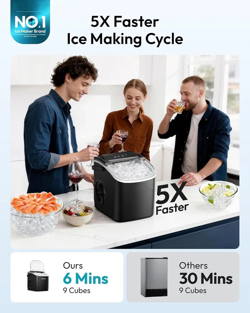 COWSAR Bullet Ice Maker Countertop with Self-Cleaning, Staninless Steel or ABS Plastic, 26.5lbs/24Hrs, 6 Mins/9 Pcs Bullet Ice, Portable Ice Maker for Kitchen/Home/Office/Party/RV