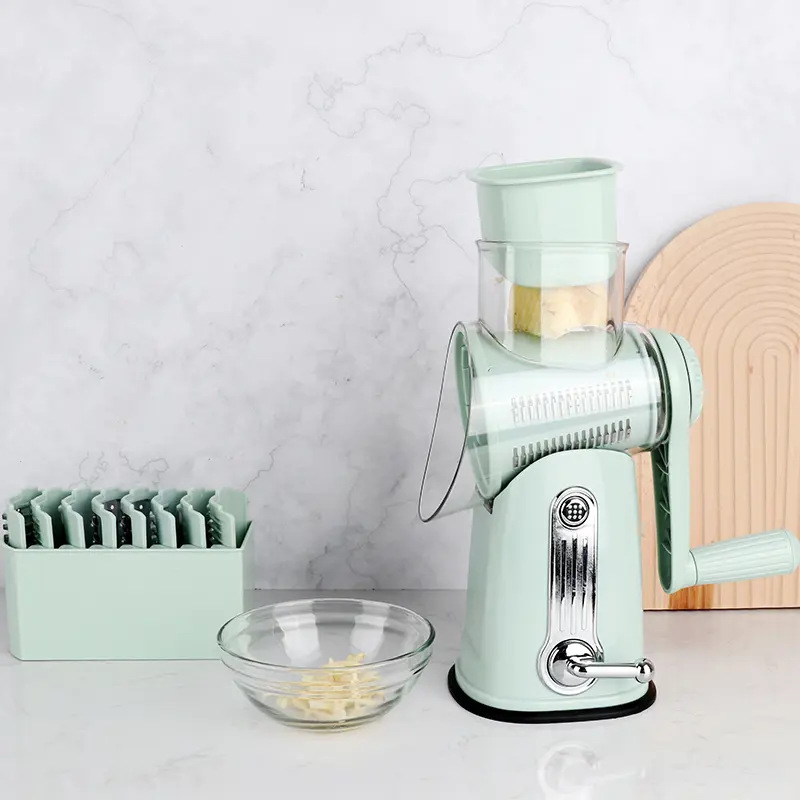 Rotary Cheese Grater with Handle - Vegetable Shredder with 5 Blades, Strong Suction Base, Round Mandoline Slicer & Blade Storage Box Kitchen Steel Stainless Utensils Curve Smooth