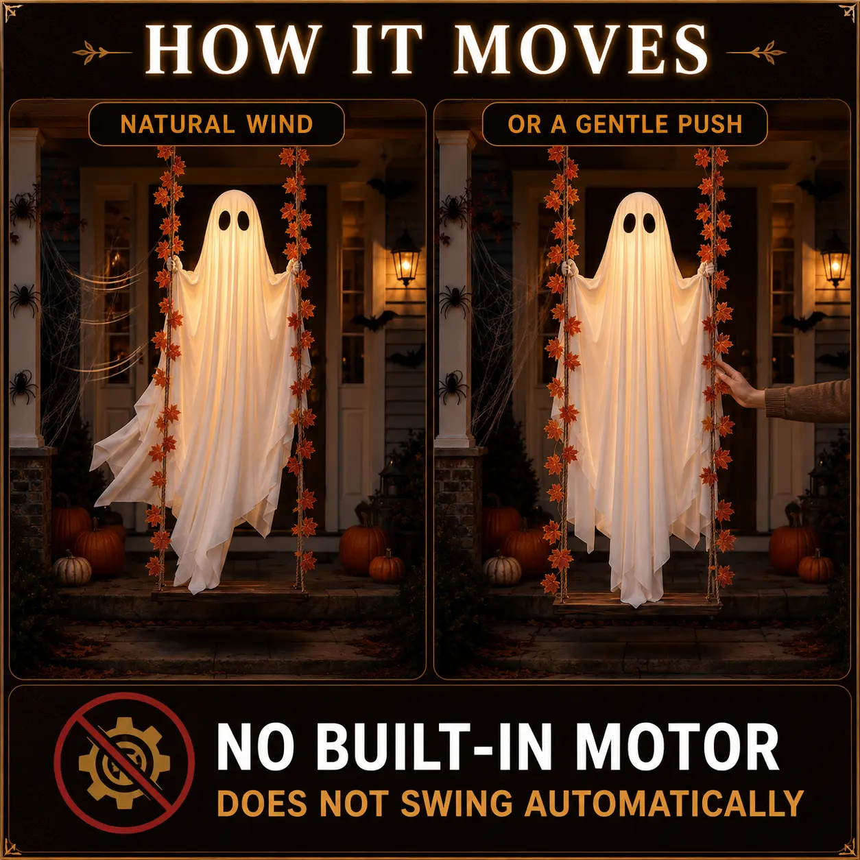 LED Light-Up Swinging Ghost Halloween Decoration with Maple Leaf Garland & Remote Control, Hanging Outdoor Decor for Yd, Porch & Party, Halloween Decorations Outdoor, Party Lighting Decoration