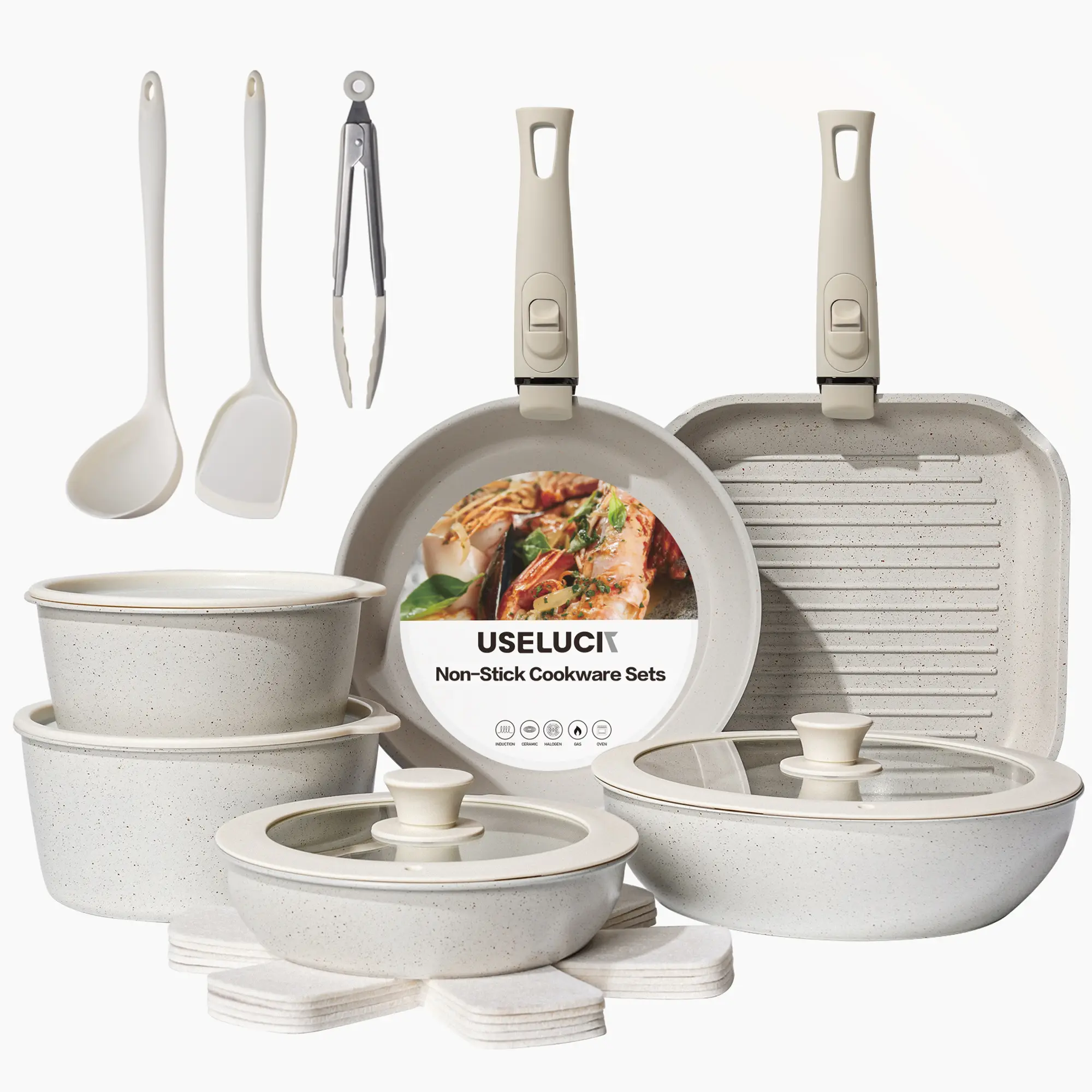 USELUCK-Camping and Baking Removable Handles, Non-Stick Cookware Sets, Essential Stackable Non-Stick Cookware Sets (Oven Safe and RV Friendly), Multiple Colors, Multiple Combinations Available