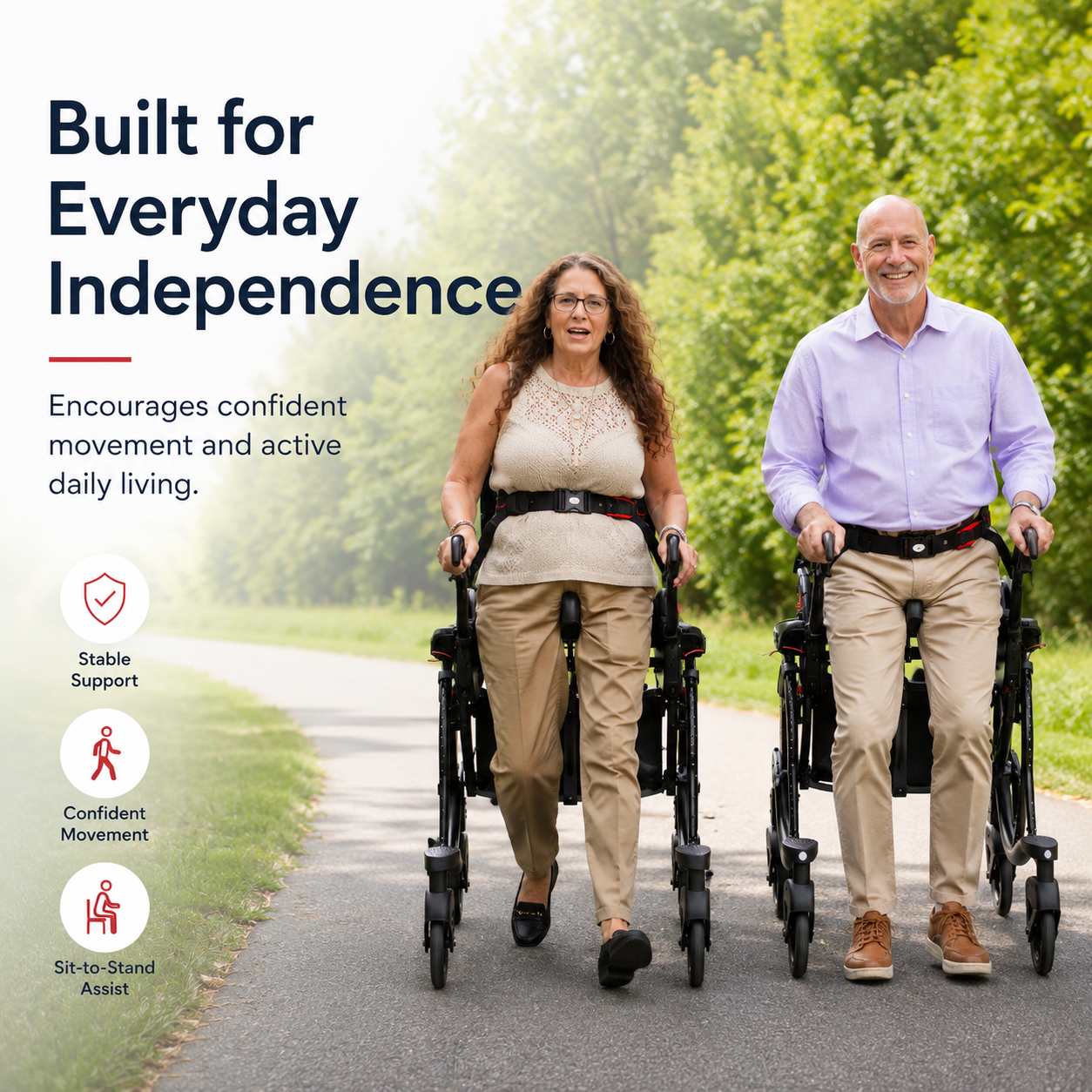Two users walking outdoors with mobility assist devices