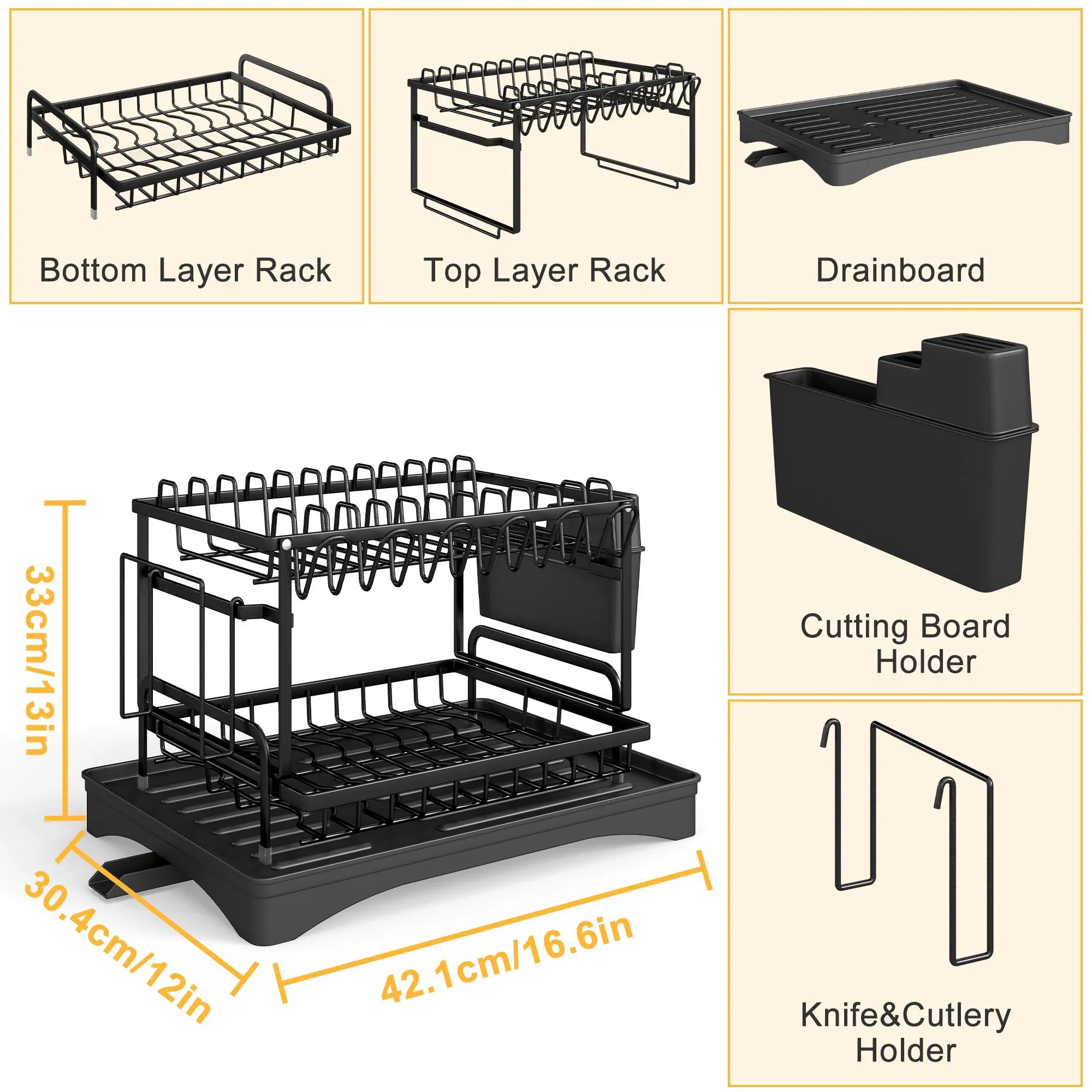 【TiktokShopSpringGlowUp】Bepatio Double-Layer Kitchen Countertop Drain Rack, Metal Material, with Drain Board, Can Hold Tableware, Carbon Steel Material, Kitchen Storage Rack