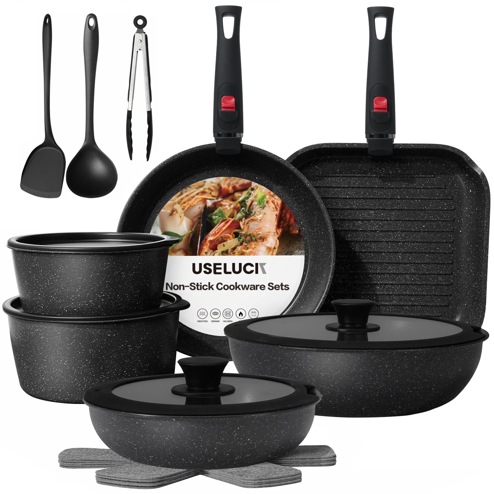 USELUCK-Camping and Baking Removable Handles, Non-Stick Cookware Sets, Essential Stackable Non-Stick Cookware Sets (Oven Safe and RV Friendly), Multiple Colors, Multiple Combinations Available