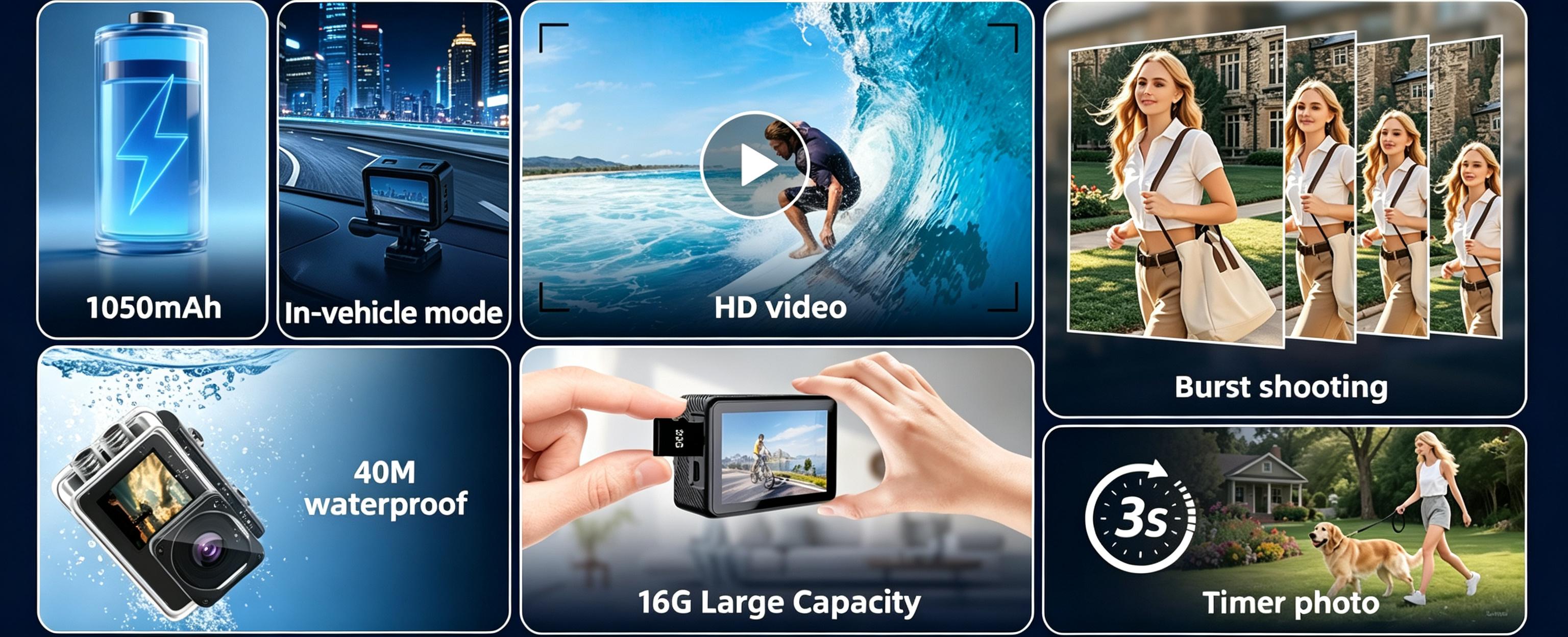 Action Camera 1080P FHD 16MP Underwater Camera with 2" & 1.3" Dual Screen, 131FT/40M Waterproof Vlogging Camera for Sports, Includes 16GB Card, 2x1050mAh Batteries & Mounting Accessories，black cameras
