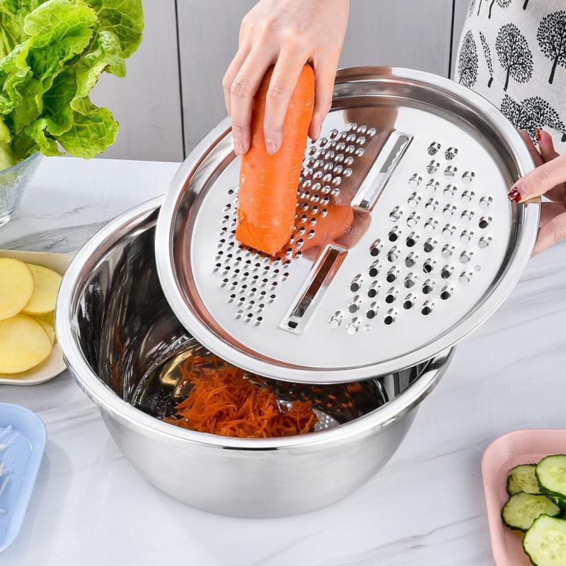 3-In-1 Stainless Steel Multi-Functional Strainer Set, Includes Basin/sieve/cutter, Ideal for Washing Rice Fruits Vegetables Kitchen Essentials