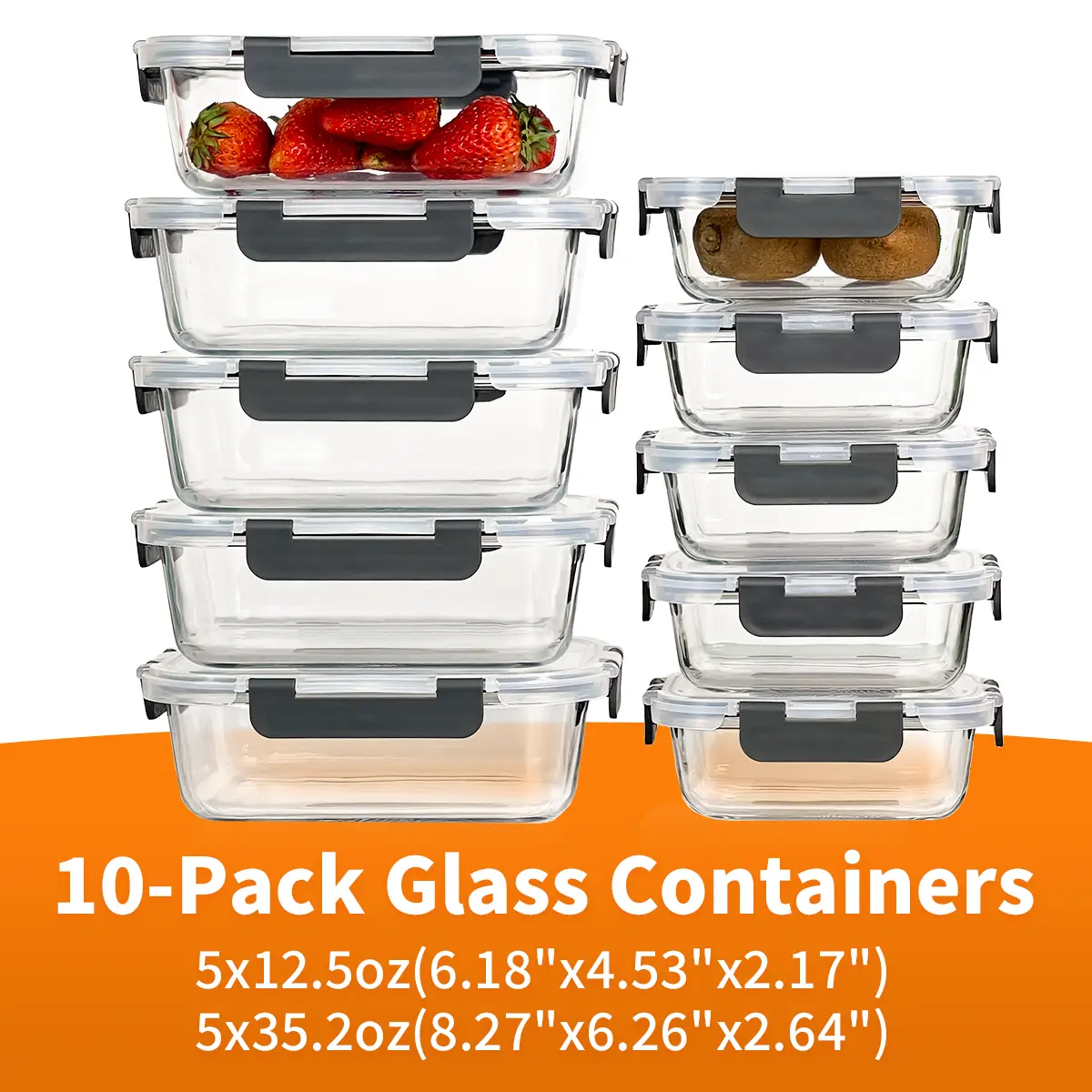 Glass Meal Prep Containers with Airtight Lids – Set of 10 – Reusable Glass Food Storage Containers with Lids – Leakproof, Freezer, Oven, Microwave & Dishwasher Safe