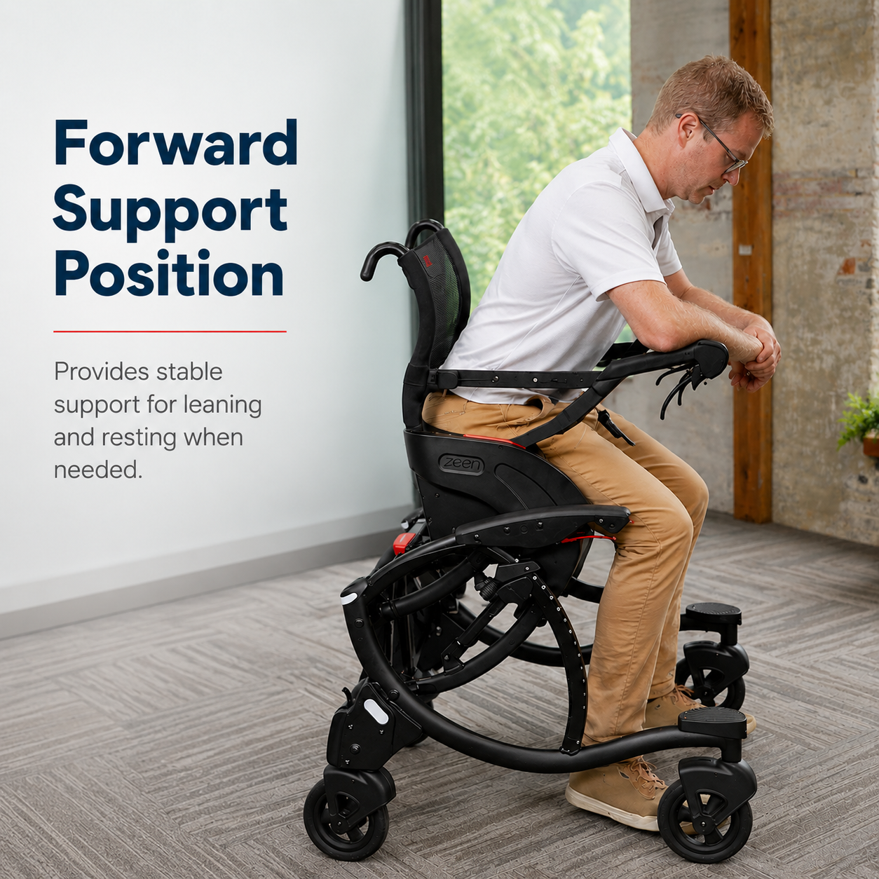 User walking outdoors with mobility support device
