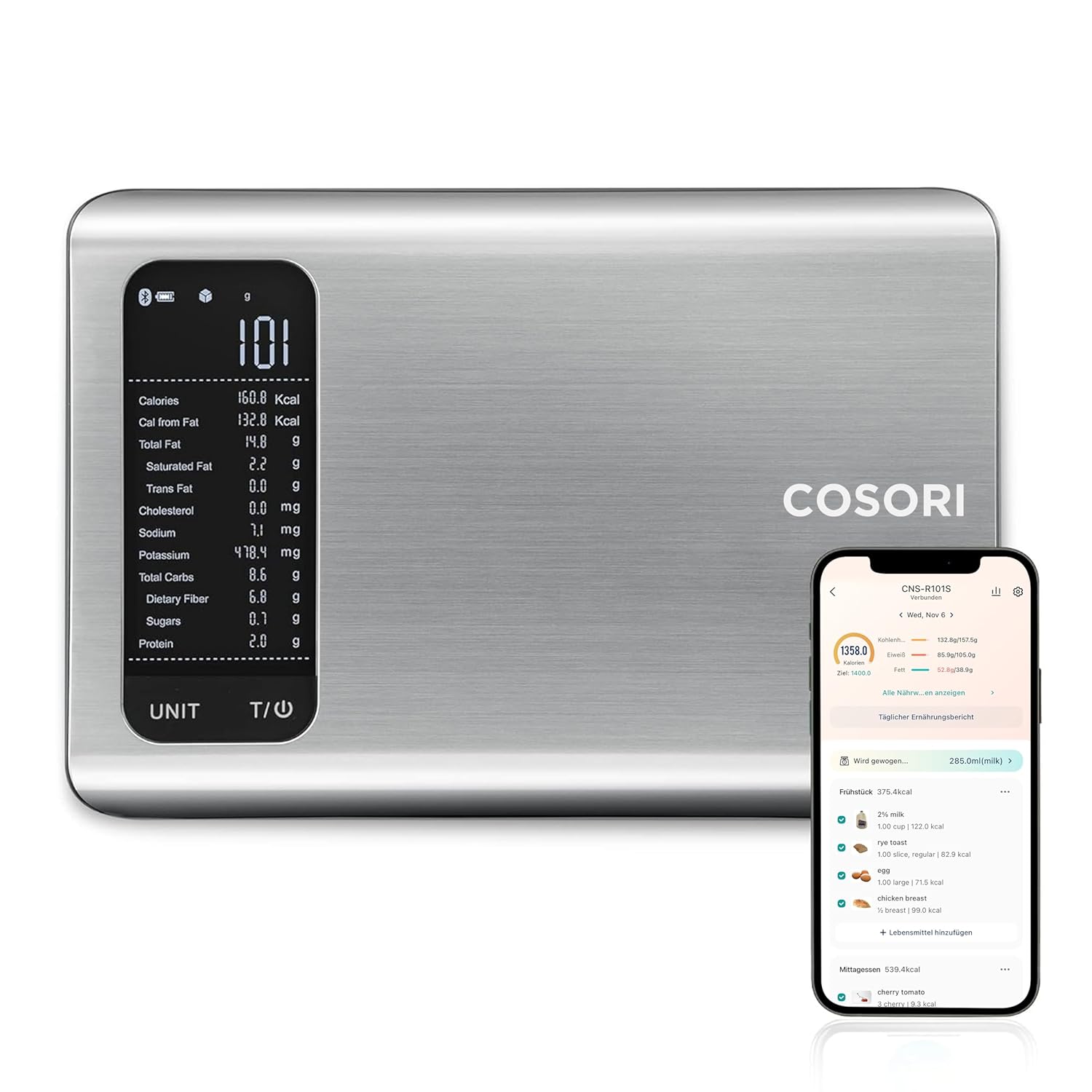 Cosori Digital Kitchen Scales with Nutritional Calculation, App Tracking 19 Nutrients, Calorie Data Analysis, 5 kg Stainless Steel Food Scale, Suitable for Weight Loss