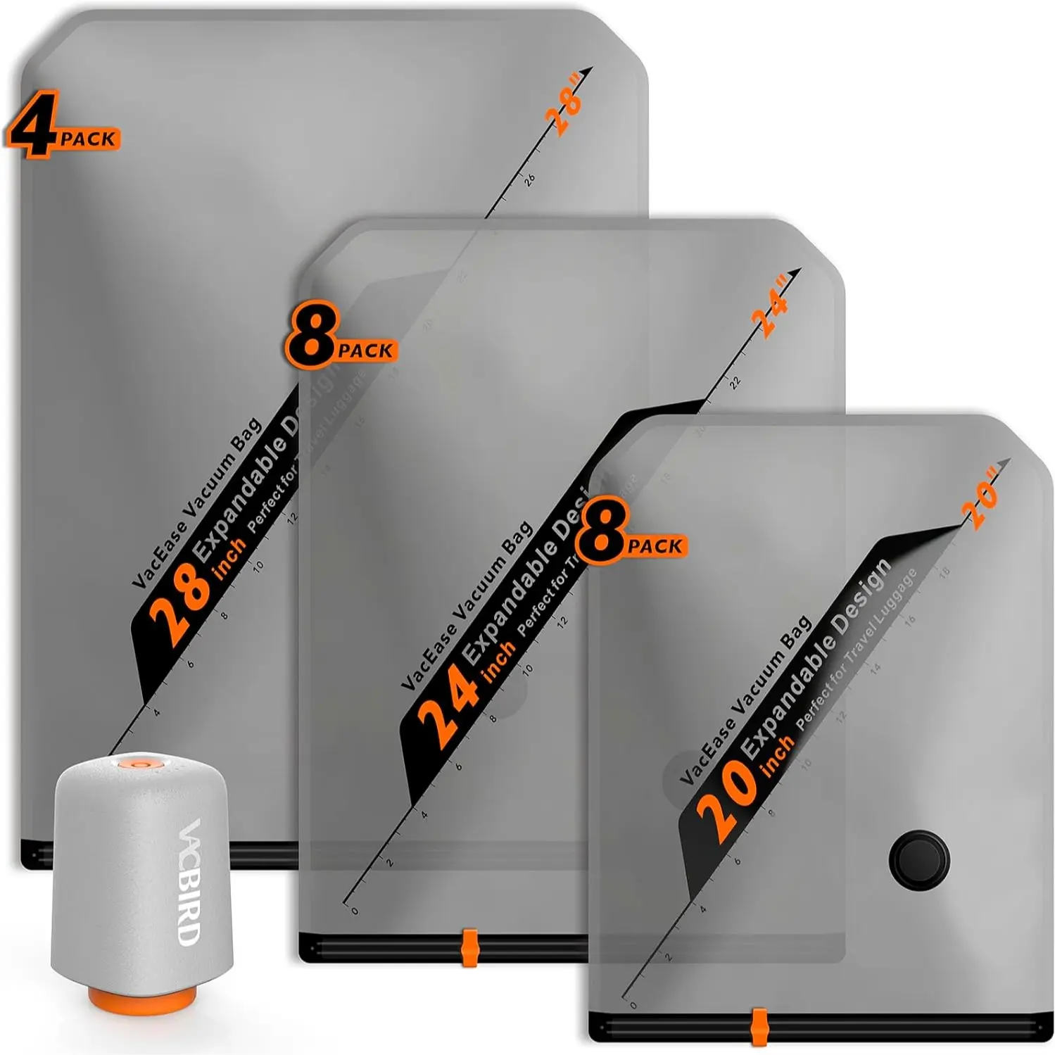 VACBIRD New X8 Vacuum Packing Pump Storage Bags-Rechargeable Wireless Pump Travel Storage Bags Set - 20 Pack Portable Space Saver Bags for Travel & Home - Vacuum Compression Packing Seal for Clothes, Blankets, Seasonal Storage