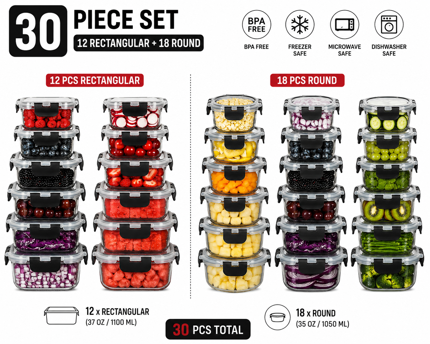 Spring Sale Glass Food Storage Containers Set 30-Pack BPA-Free & Leak-Proof Multicolor Kitchen Utensils for Meal Prep, Microwave, Oven, Freezer, Dishwasher Use Reusable Stackable Portable