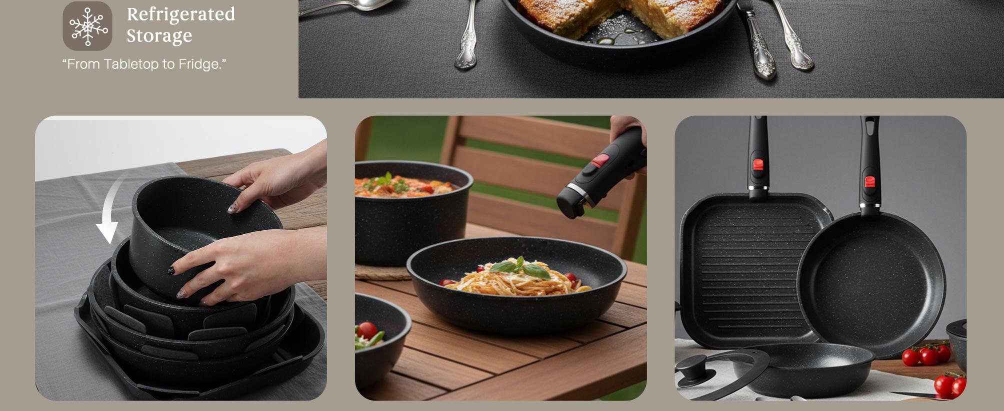 USELUCK-Camping and Baking Removable Handles, Non-Stick Cookware Sets, Essential Stackable Non-Stick Cookware Sets (Oven Safe and RV Friendly), Multiple Colors, Multiple Combinations Available