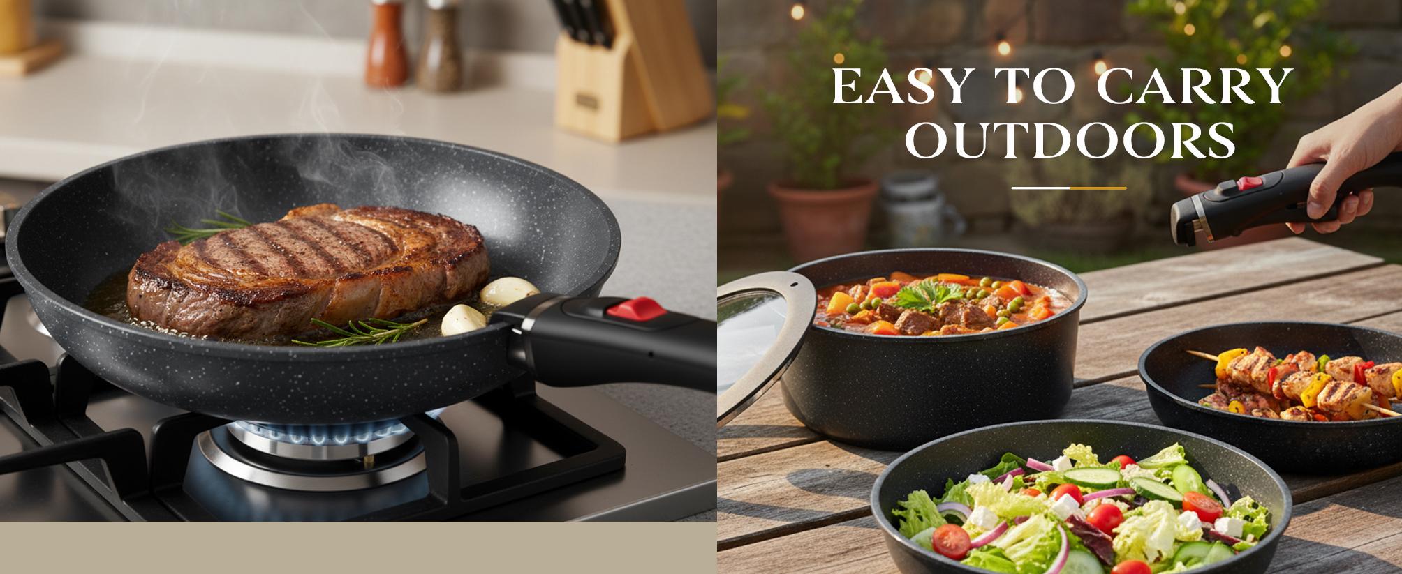 USELUCK-Camping and Baking Removable Handles, Non-Stick Cookware Sets, Essential Stackable Non-Stick Cookware Sets (Oven Safe and RV Friendly), Multiple Colors, Multiple Combinations Available