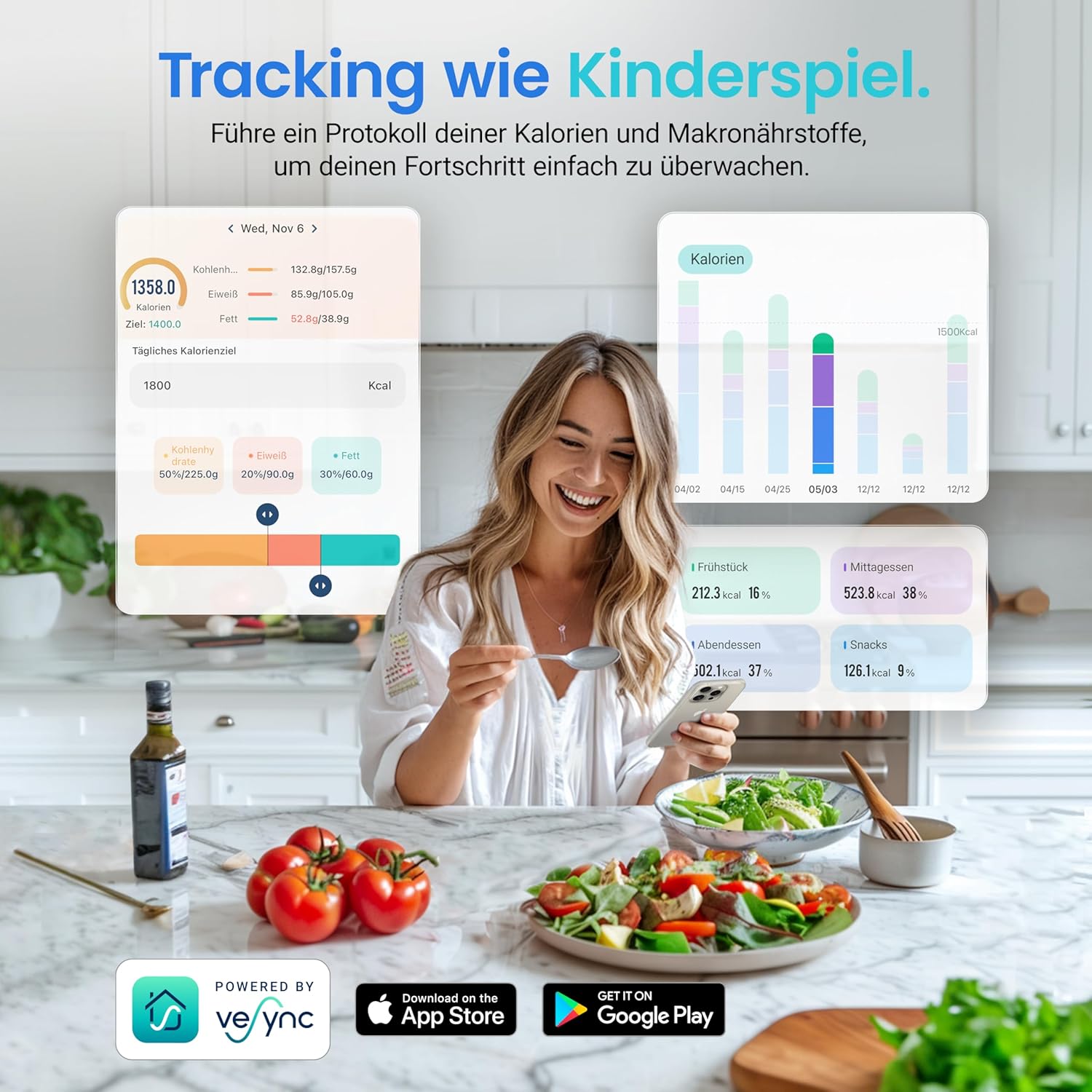 Cosori Digital Kitchen Scales with Nutritional Calculation, App Tracking 19 Nutrients, Calorie Data Analysis, 5 kg Stainless Steel Food Scale, Suitable for Weight Loss