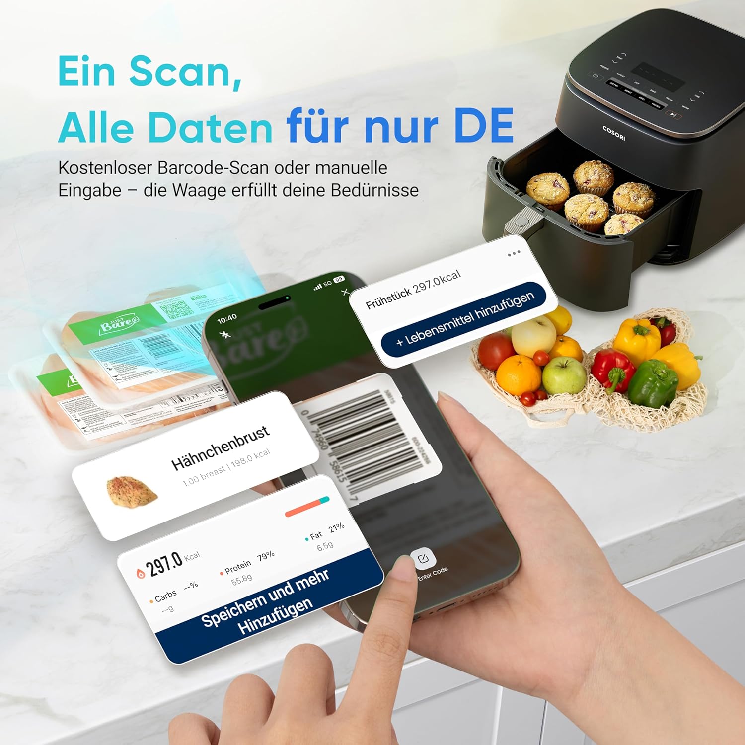 Cosori Digital Kitchen Scales with Nutritional Calculation, App Tracking 19 Nutrients, Calorie Data Analysis, 5 kg Stainless Steel Food Scale, Suitable for Weight Loss