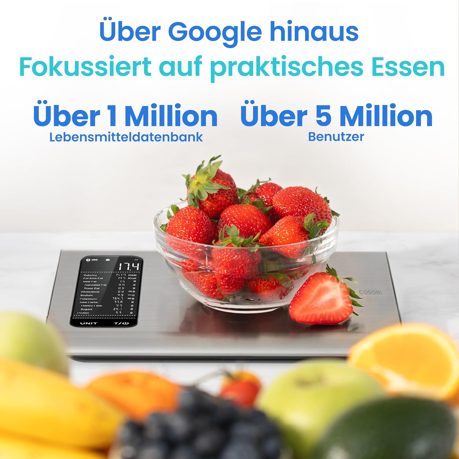 Cosori Digital Kitchen Scales with Nutritional Calculation, App Tracking 19 Nutrients, Calorie Data Analysis, 5 kg Stainless Steel Food Scale, Suitable for Weight Loss