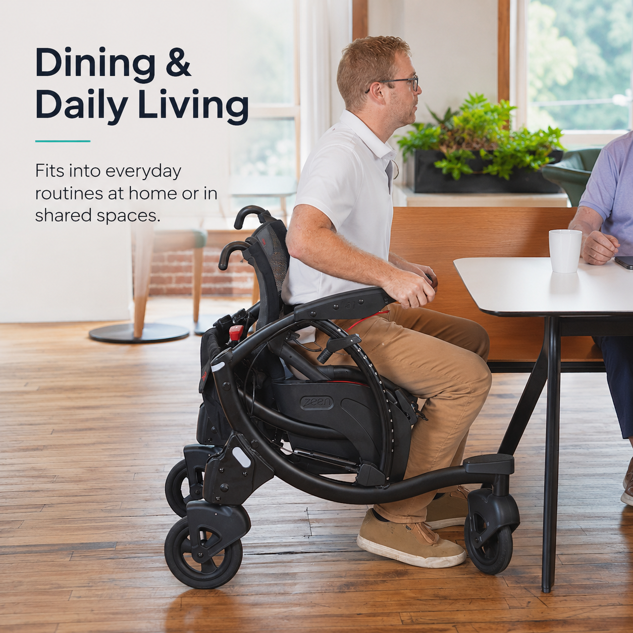 Mobility assist chair used at dining table