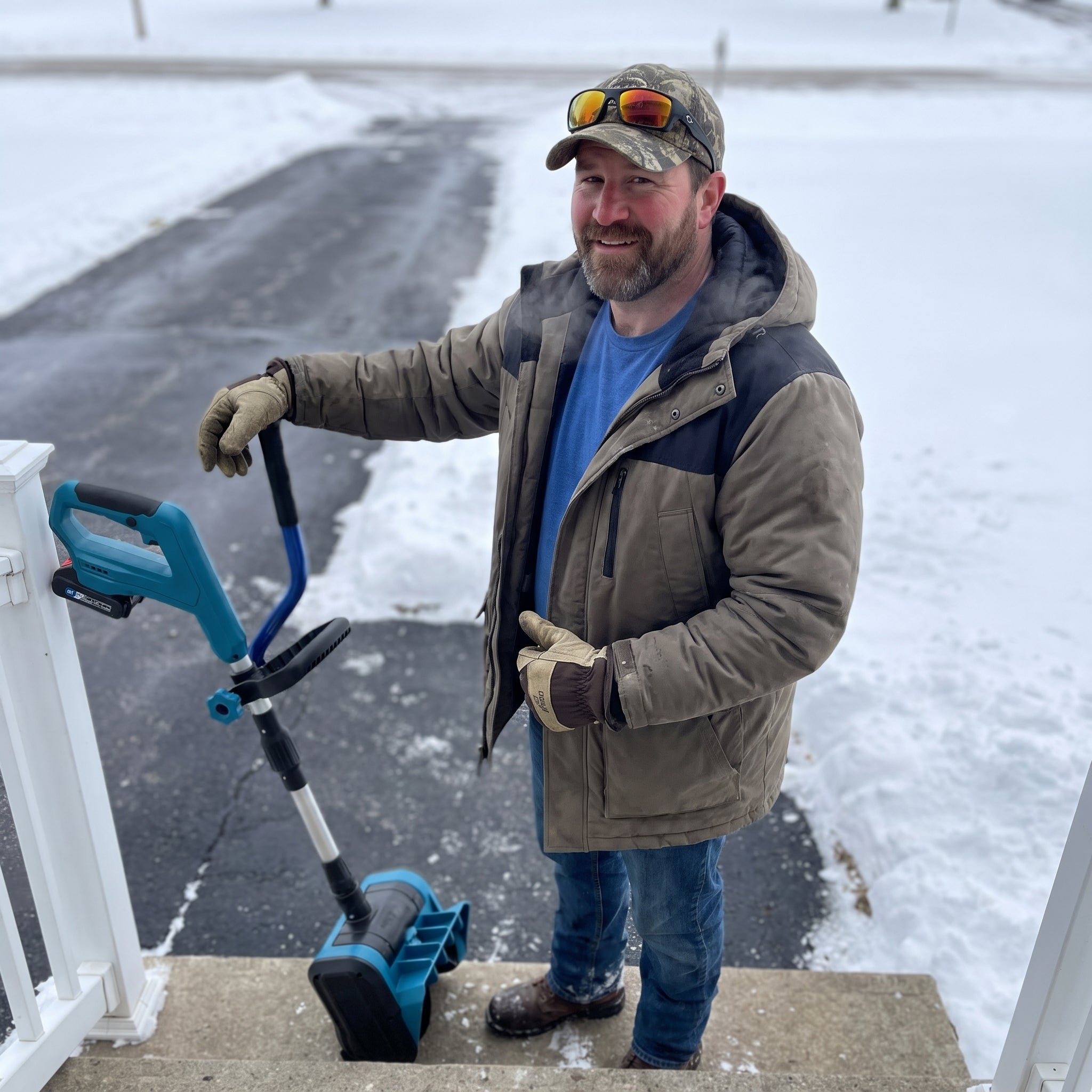 A homeowner standing beside a cleared driveway