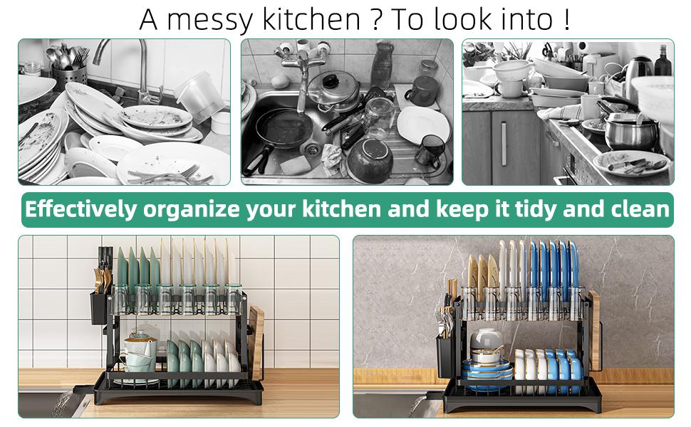【TiktokShopSpringGlowUp】Bepatio Double-Layer Kitchen Countertop Drain Rack, Metal Material, with Drain Board, Can Hold Tableware, Carbon Steel Material, Kitchen Storage Rack