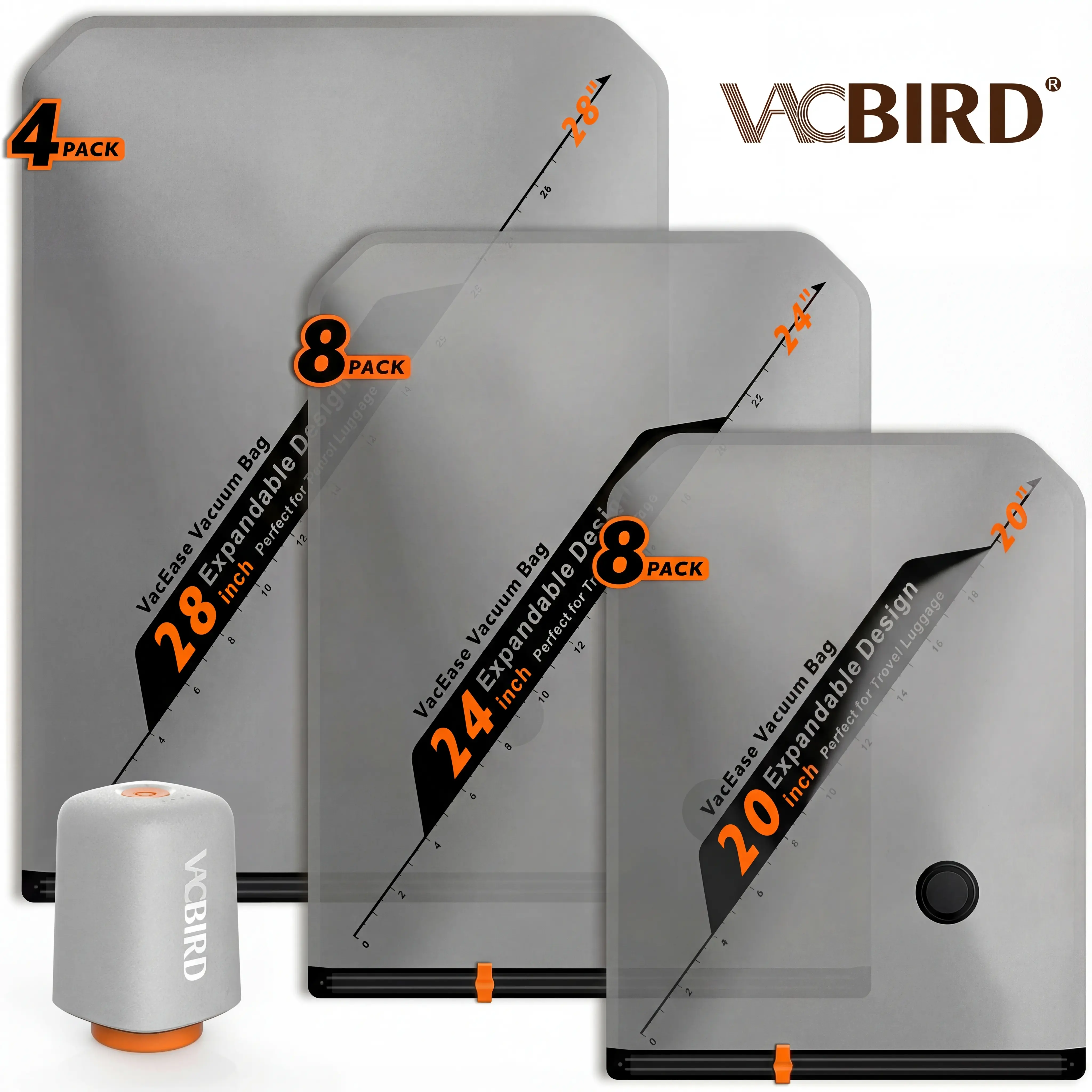 VACBIRD New X8 Vacuum Packing Pump Storage Bags-Rechargeable Wireless Pump Travel Storage Bags Set - 20 Pack Portable Space Saver Bags for Travel & Home - Vacuum Compression Packing Seal for Clothes, Blankets, Seasonal Storage