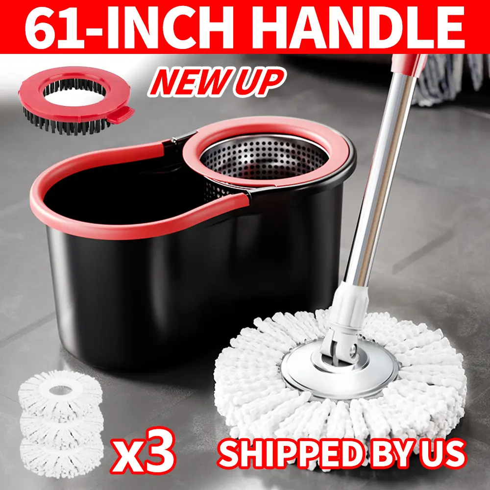 Mop And Bucket Set with 360° Rotatable Mop 3 Microfiber Heads 61-Inch Adjustable Handle Efficient Cleaning Supplies