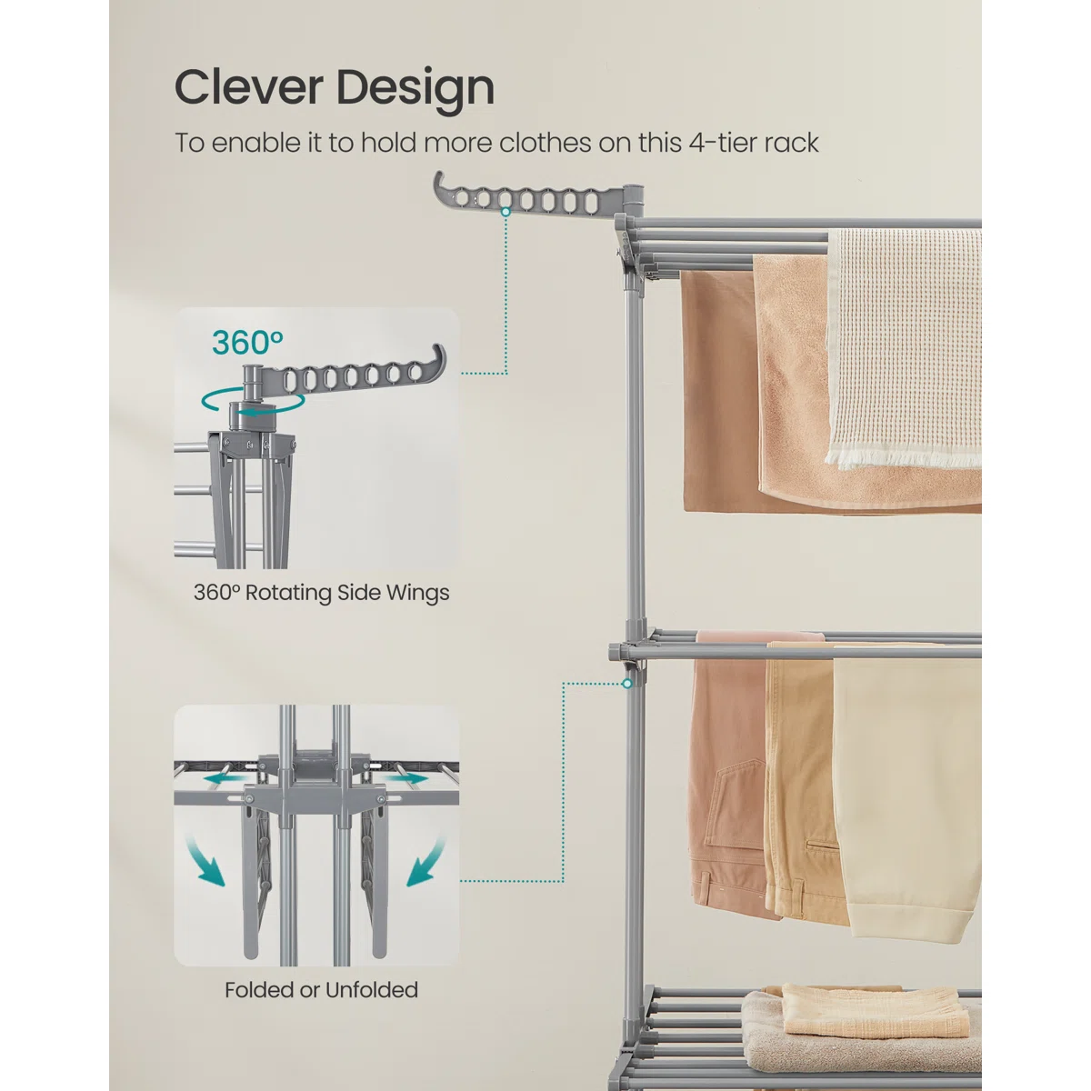 Clothes Drying Rack 4-Tier, Foldable Laundry Drying Rack 69.9-Inch Tall, Extendable Rods, Stainless Steel, Rolling Clothes Horses, Clothes Airer, Indoor Outdoor Use