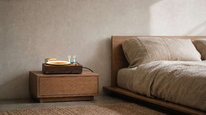 Water Drop Player on a bedside table