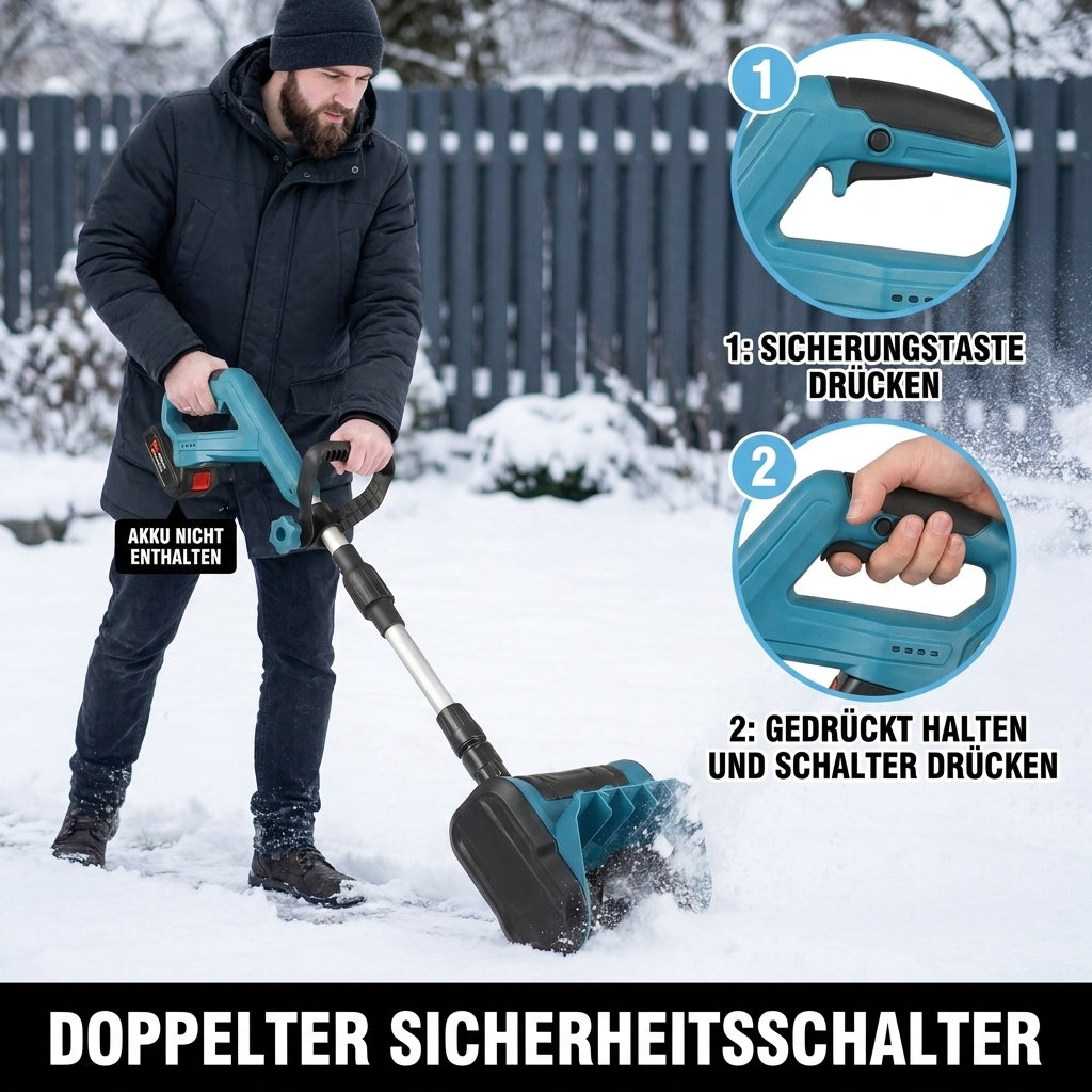 Dual safety switch: press and hold the safety button, then press the trigger. Battery not included.