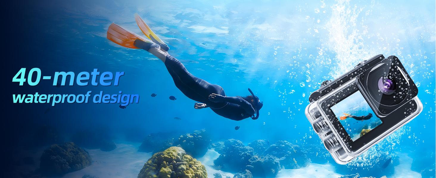 Action Camera 1080P FHD 16MP Underwater Camera with 2" & 1.3" Dual Screen, 131FT/40M Waterproof Vlogging Camera for Sports, Includes 16GB Card, 2x1050mAh Batteries & Mounting Accessories，black cameras