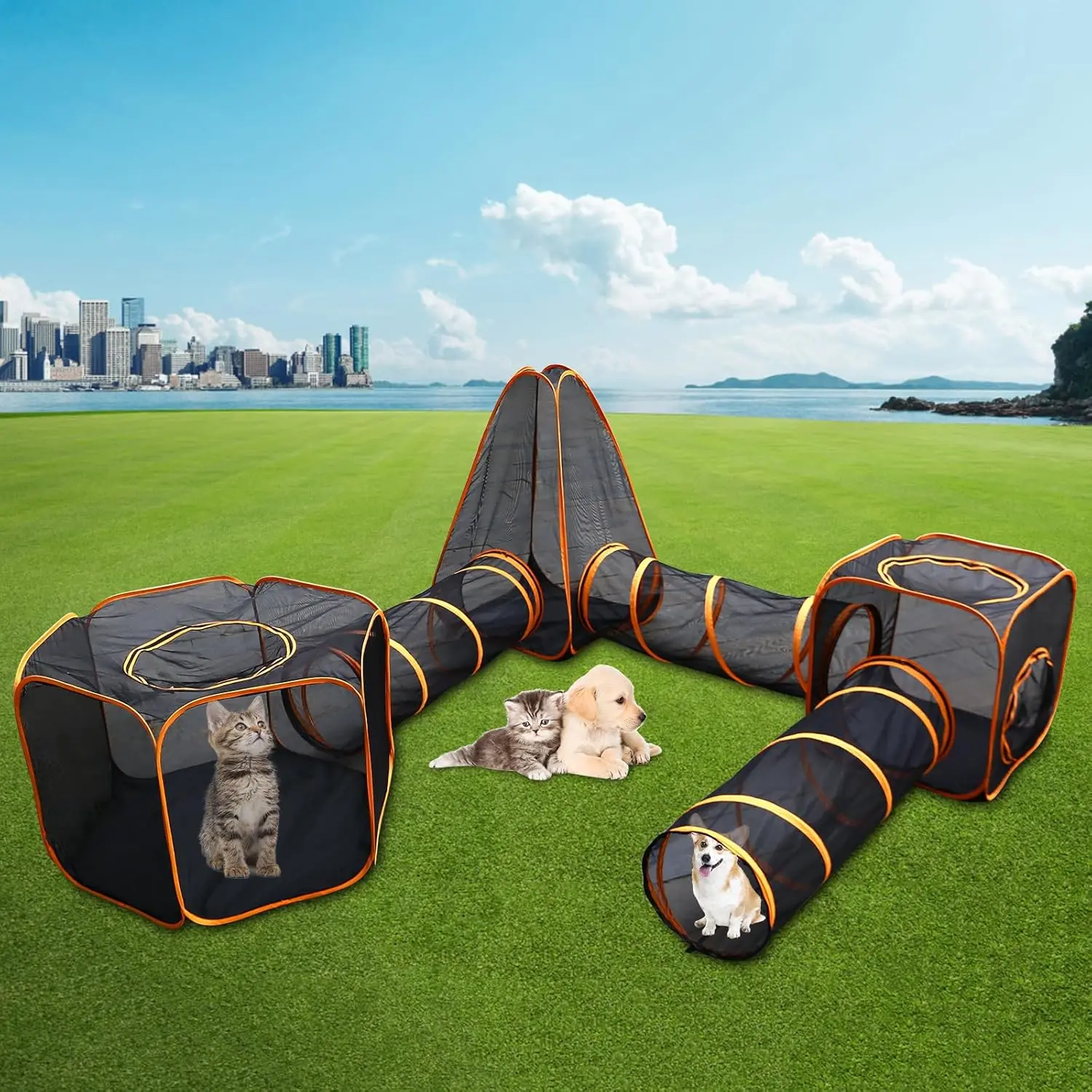 6 in 1 Pet Cat and Dog Tunnel Tent Foldable Pet Tent Outdoor Pop Up Pet Playpen Cage Fences House (Styles 1)