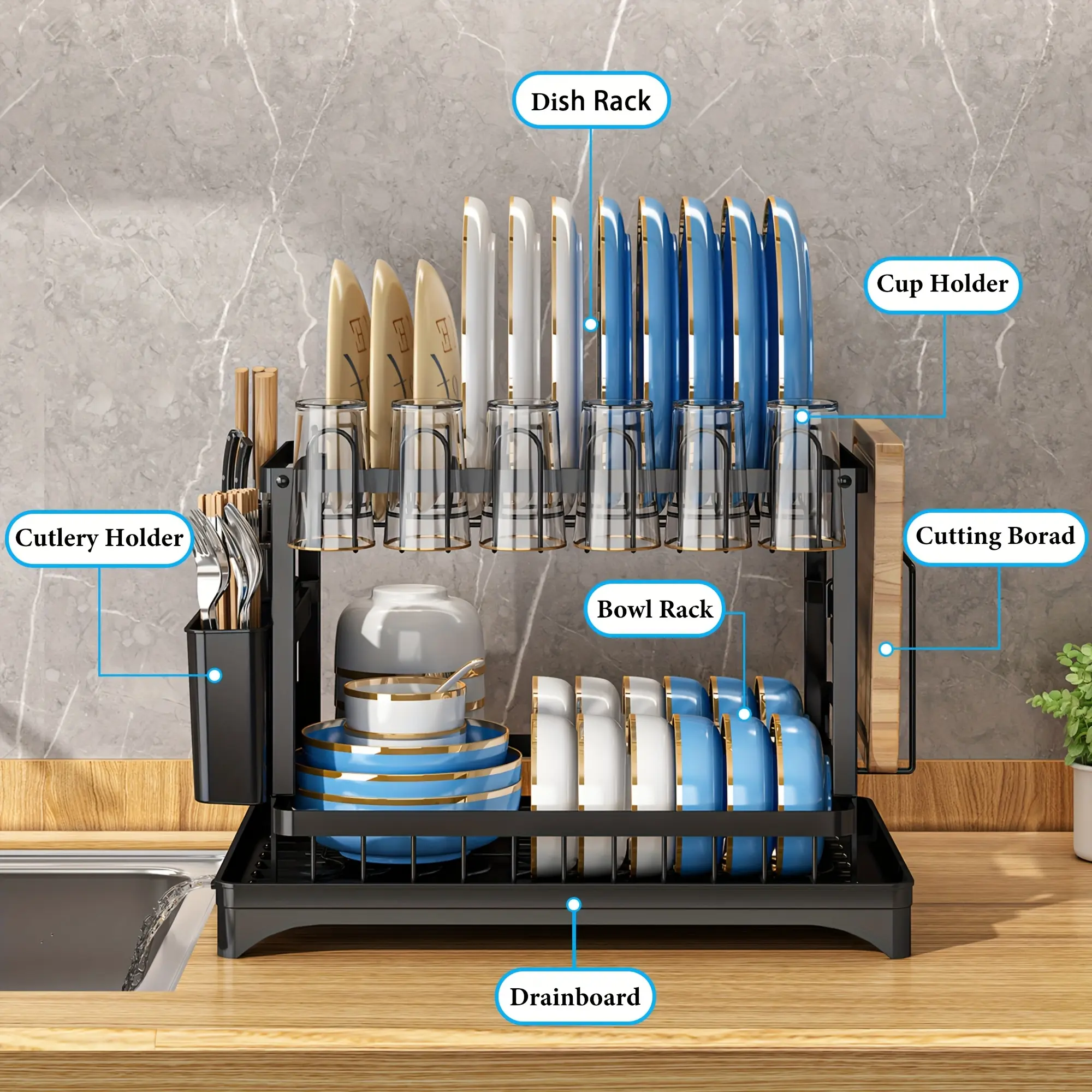 【TiktokShopSpringGlowUp】Bepatio Double-Layer Kitchen Countertop Drain Rack, Metal Material, with Drain Board, Can Hold Tableware, Carbon Steel Material, Kitchen Storage Rack