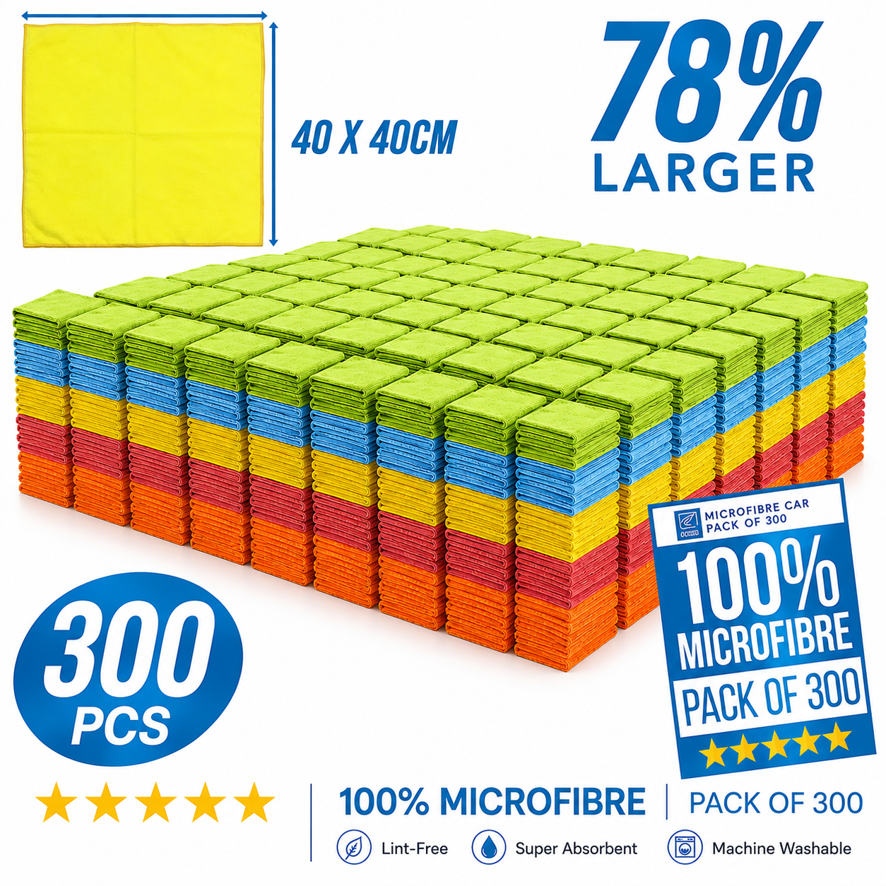Mega Pack of 40 Large Microfibre Cloths - 40cm x 40cm Microfiber Cleaning Cloth - 40 Pack