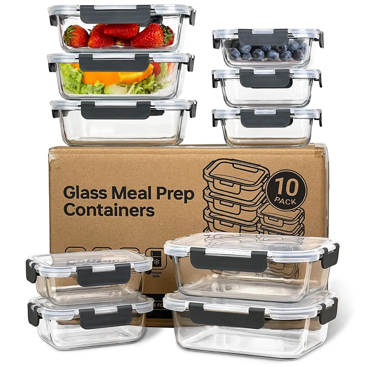 Glass Meal Prep Containers with Airtight Lids – Set of 10 – Reusable Glass Food Storage Containers with Lids – Leakproof, Freezer, Oven, Microwave & Dishwasher Safe