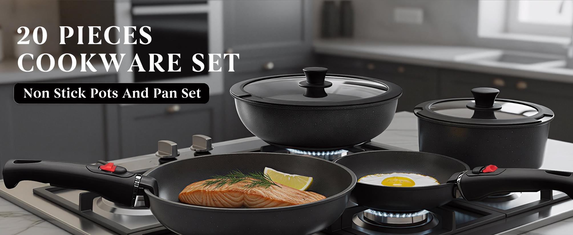 USELUCK-Camping and Baking Removable Handles, Non-Stick Cookware Sets, Essential Stackable Non-Stick Cookware Sets (Oven Safe and RV Friendly), Multiple Colors, Multiple Combinations Available