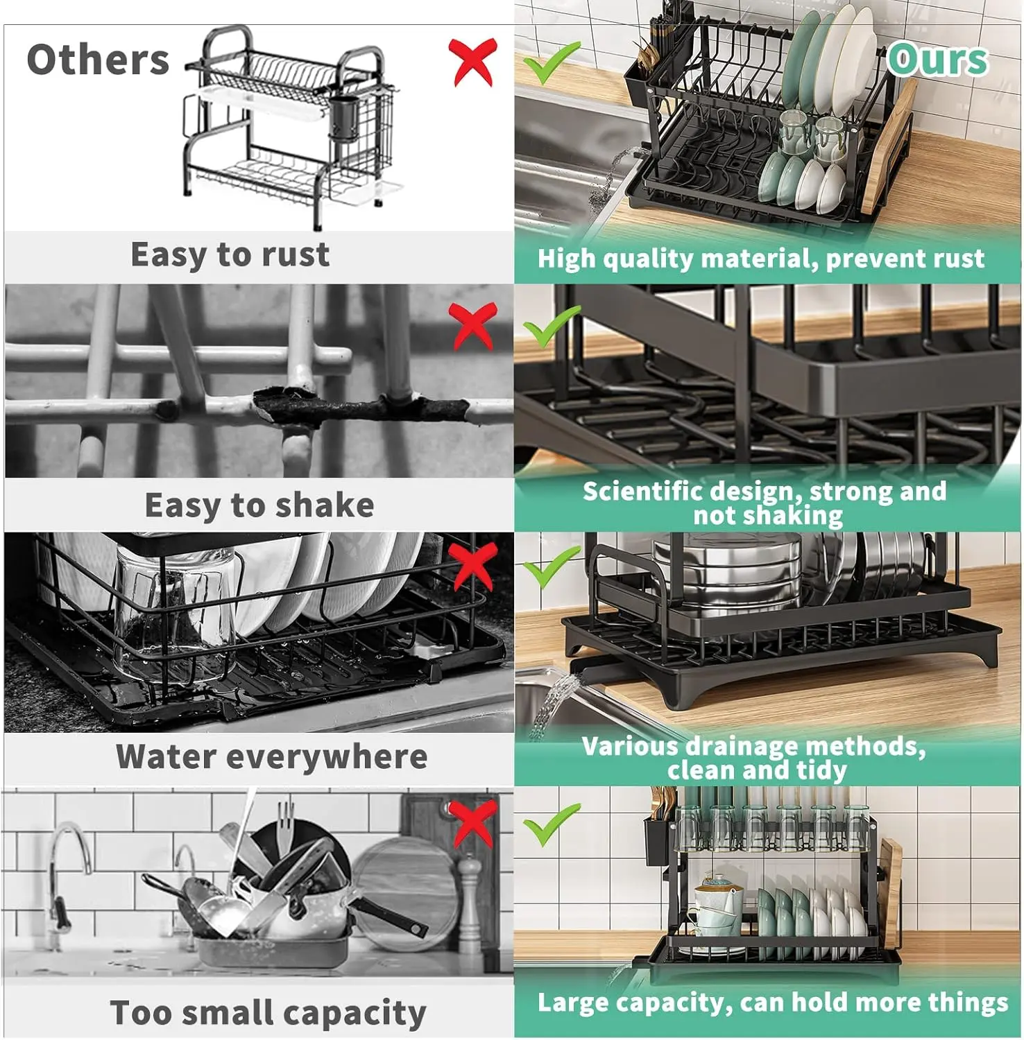【TiktokShopSpringGlowUp】Bepatio Double-Layer Kitchen Countertop Drain Rack, Metal Material, with Drain Board, Can Hold Tableware, Carbon Steel Material, Kitchen Storage Rack