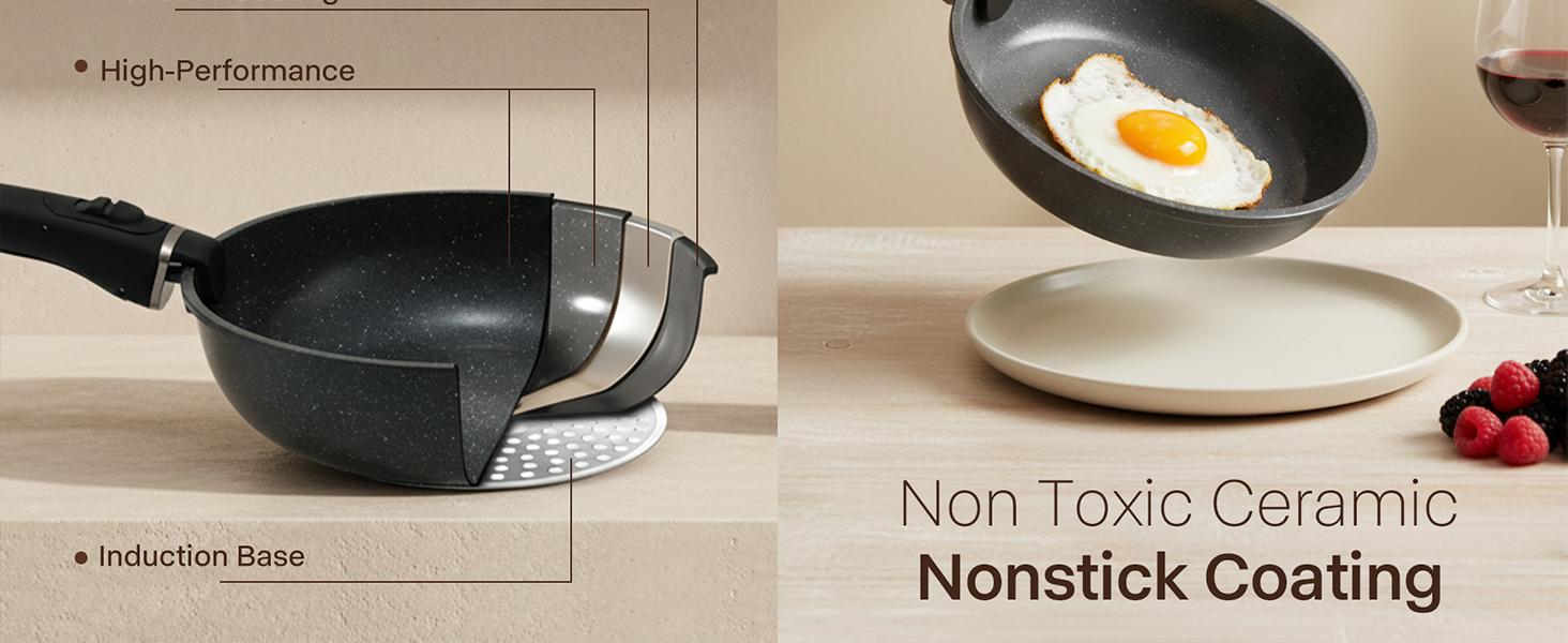 USELUCK-Camping and Baking Removable Handles, Non-Stick Cookware Sets, Essential Stackable Non-Stick Cookware Sets (Oven Safe and RV Friendly), Multiple Colors, Multiple Combinations Available