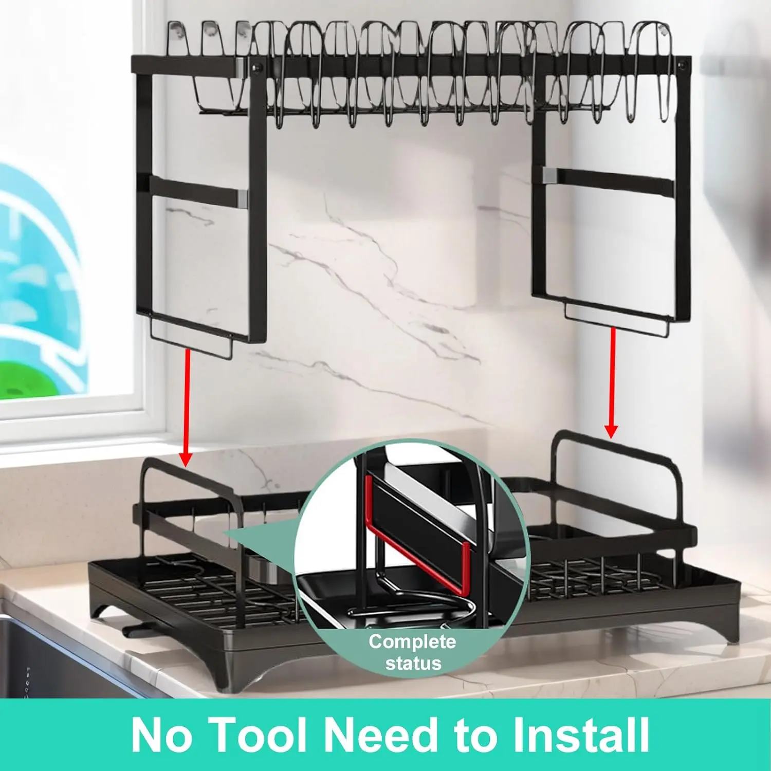 【TiktokShopSpringGlowUp】Bepatio Double-Layer Kitchen Countertop Drain Rack, Metal Material, with Drain Board, Can Hold Tableware, Carbon Steel Material, Kitchen Storage Rack