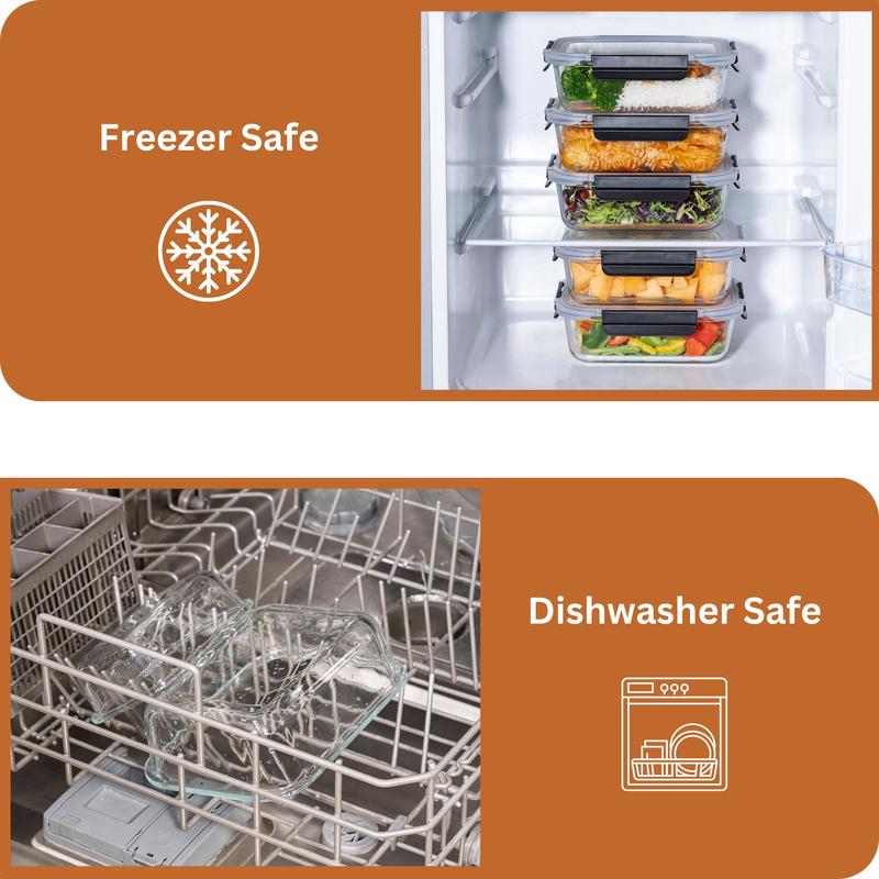 Glass Meal Prep Containers with Airtight Lids – Set of 10 – Reusable Glass Food Storage Containers with Lids – Leakproof, Freezer, Oven, Microwave & Dishwasher Safe