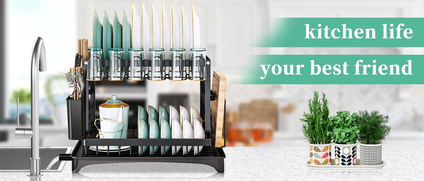 【TiktokShopSpringGlowUp】Bepatio Double-Layer Kitchen Countertop Drain Rack, Metal Material, with Drain Board, Can Hold Tableware, Carbon Steel Material, Kitchen Storage Rack