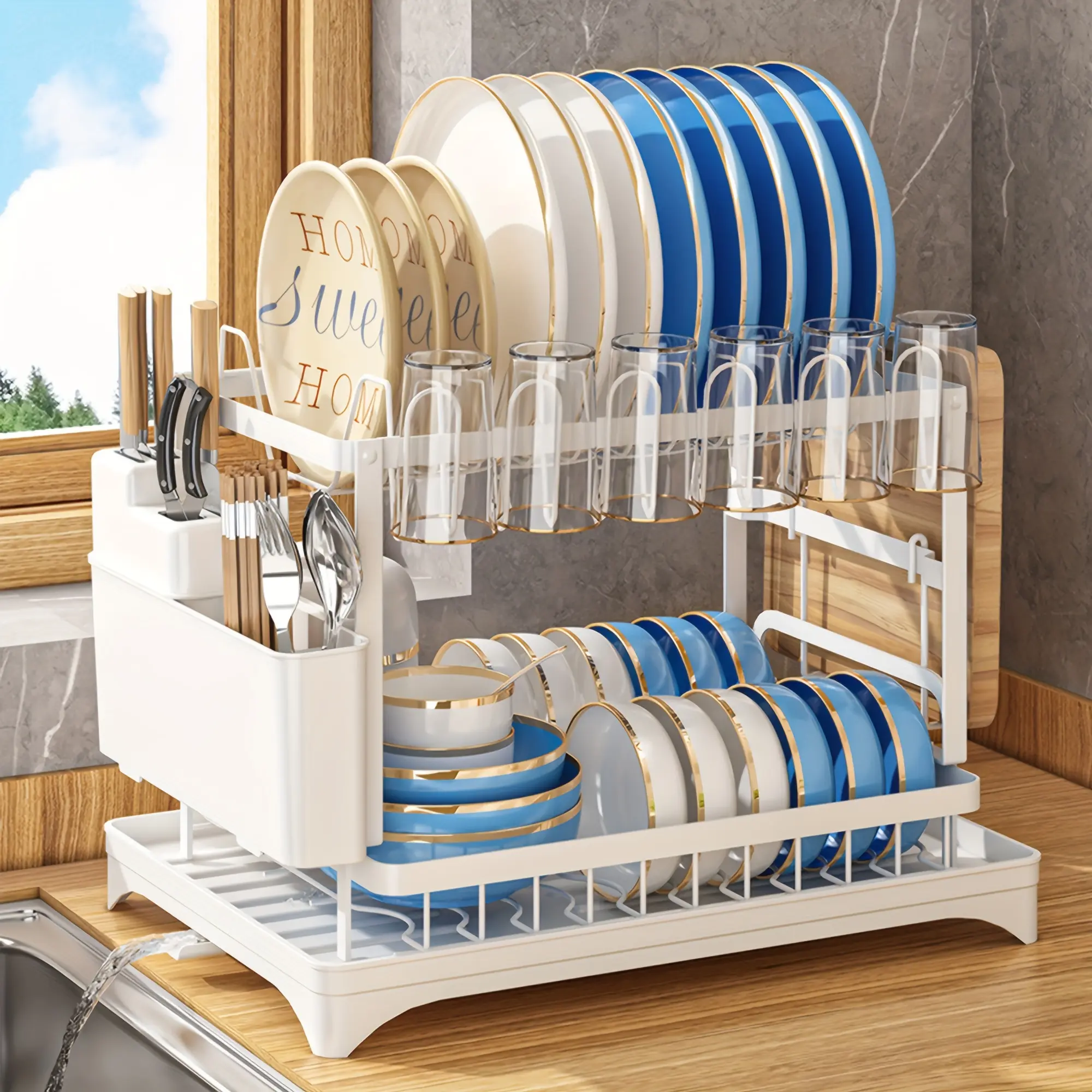 【TiktokShopSpringGlowUp】Bepatio Double-Layer Kitchen Countertop Drain Rack, Metal Material, with Drain Board, Can Hold Tableware, Carbon Steel Material, Kitchen Storage Rack