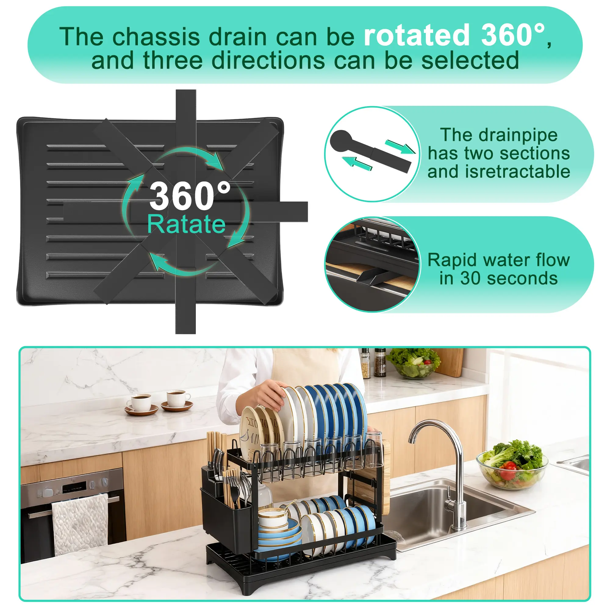 【TiktokShopSpringGlowUp】Bepatio Double-Layer Kitchen Countertop Drain Rack, Metal Material, with Drain Board, Can Hold Tableware, Carbon Steel Material, Kitchen Storage Rack
