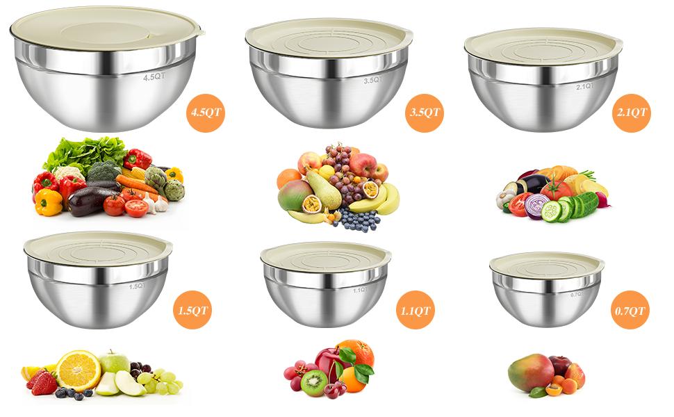 Mixing Bowl Set, 6 PCS Stainless Steel Mixing Bowls with 3 Grinder Attachments, Kitchen Food Organizer Nesting Mixing Bowls Tableware Durable