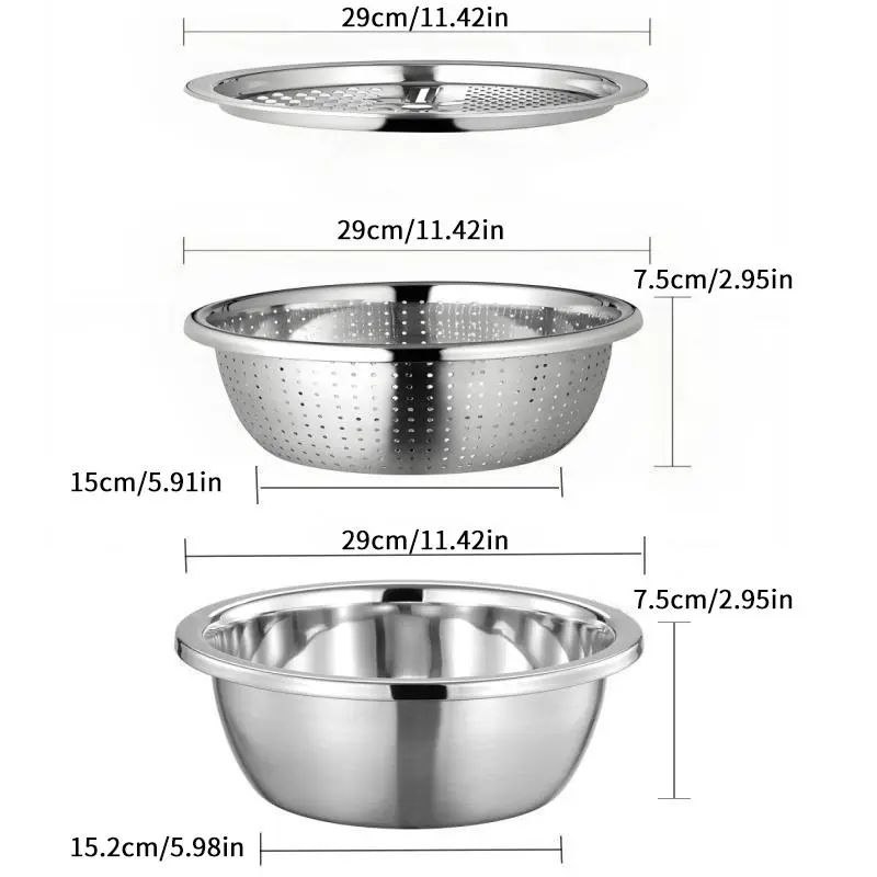 3-In-1 Stainless Steel Multi-Functional Strainer Set, Includes Basin/sieve/cutter, Ideal for Washing Rice Fruits Vegetables Kitchen Essentials