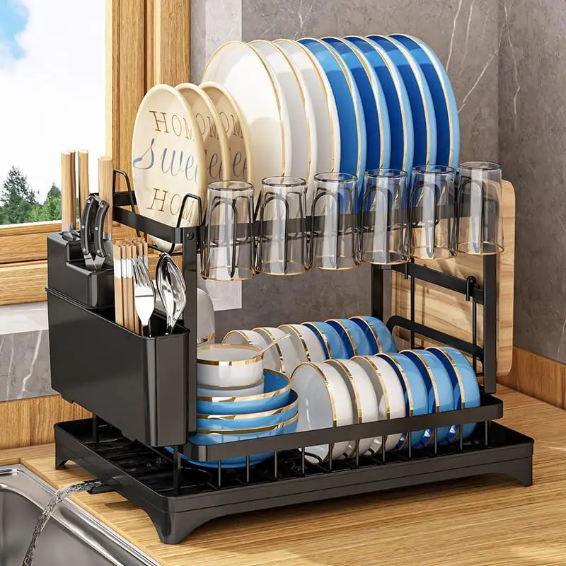 【TiktokShopSpringGlowUp】Bepatio Double-Layer Kitchen Countertop Drain Rack, Metal Material, with Drain Board, Can Hold Tableware, Carbon Steel Material, Kitchen Storage Rack