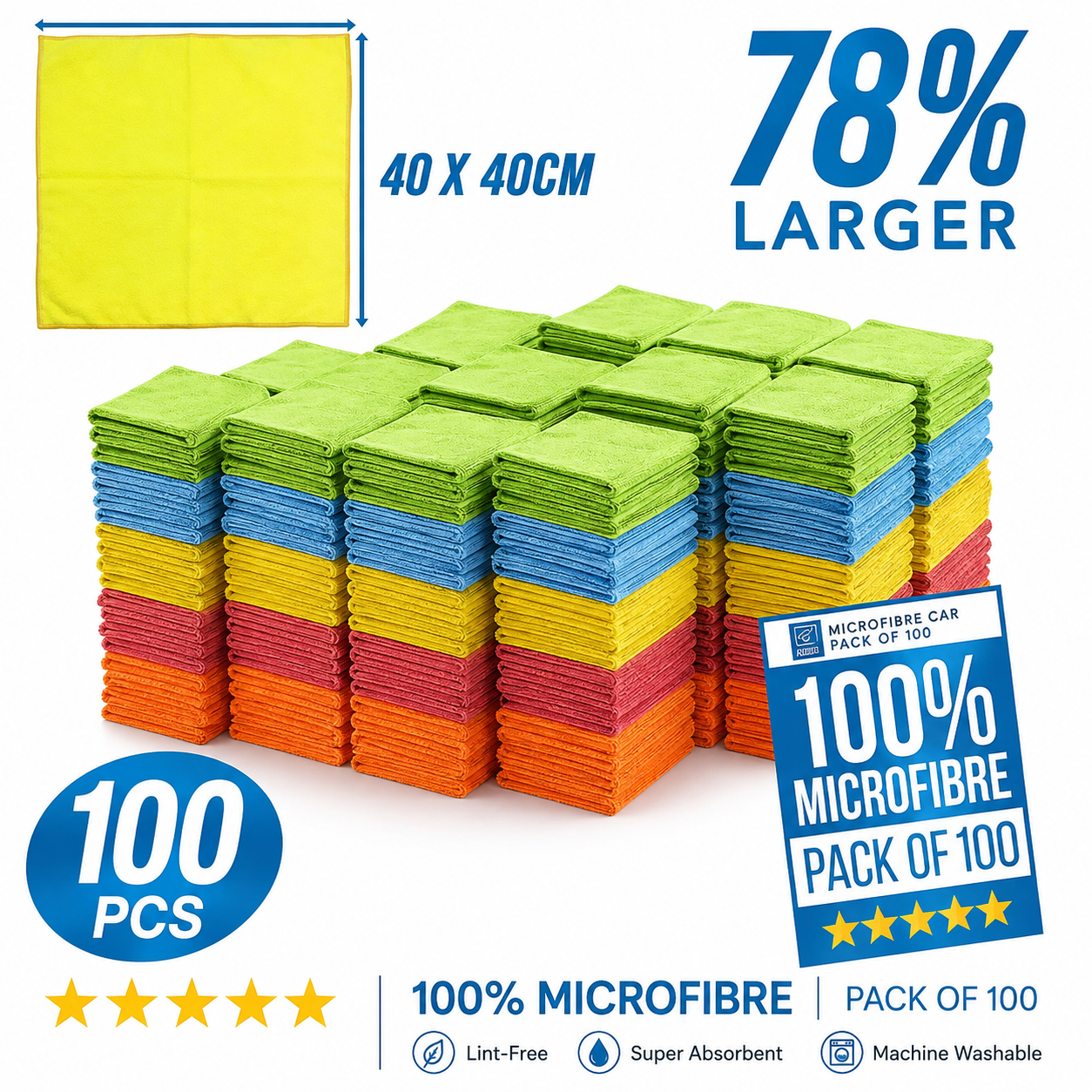 Mega Pack of 40 Large Microfibre Cloths - 40cm x 40cm Microfiber Cleaning Cloth - 40 Pack